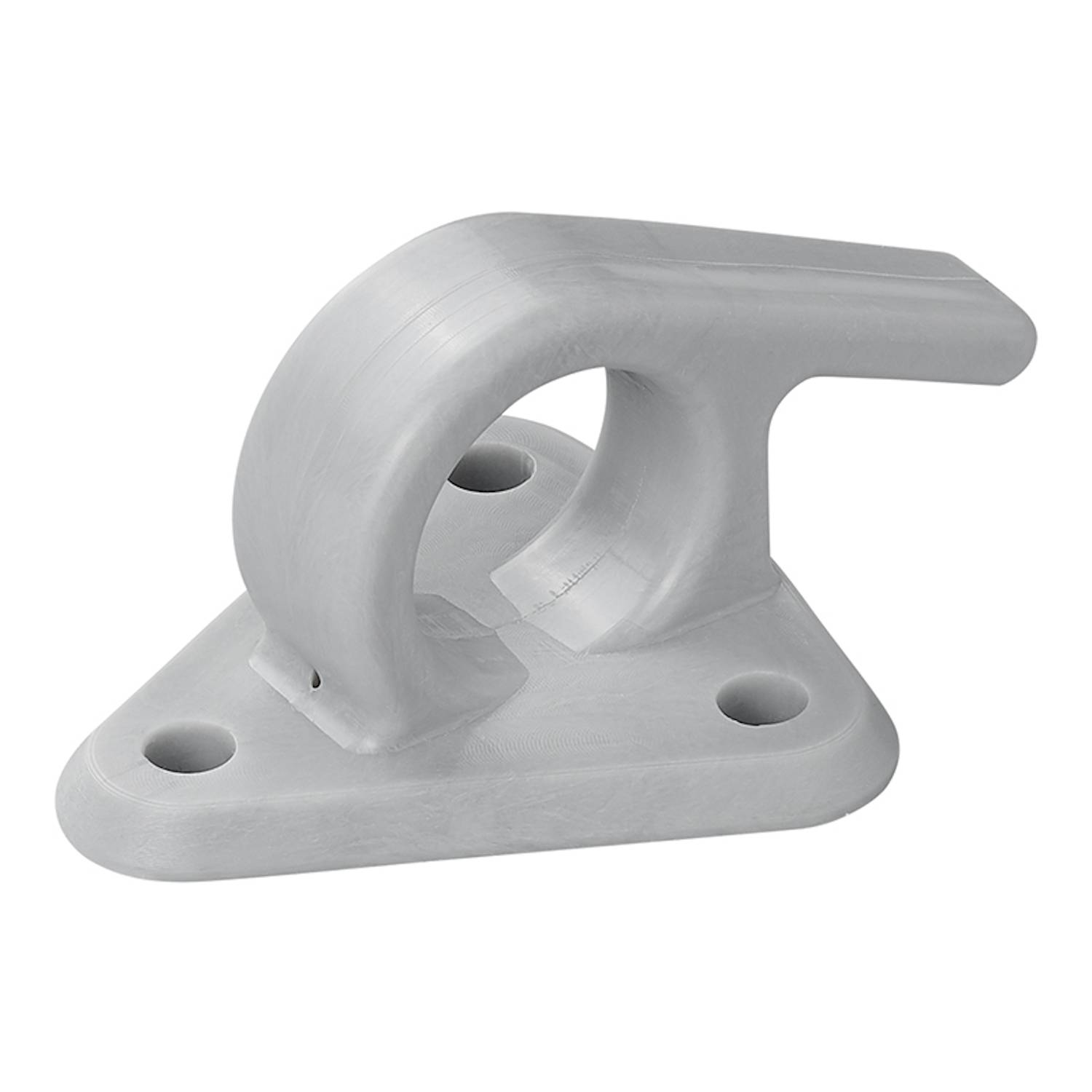 Eine graue Kunststoffhalterung mit einer zylindrischen Schlaufe auf einer dreieckigen Basis, die drei Befestigungslöcher zur Montage aufweist.