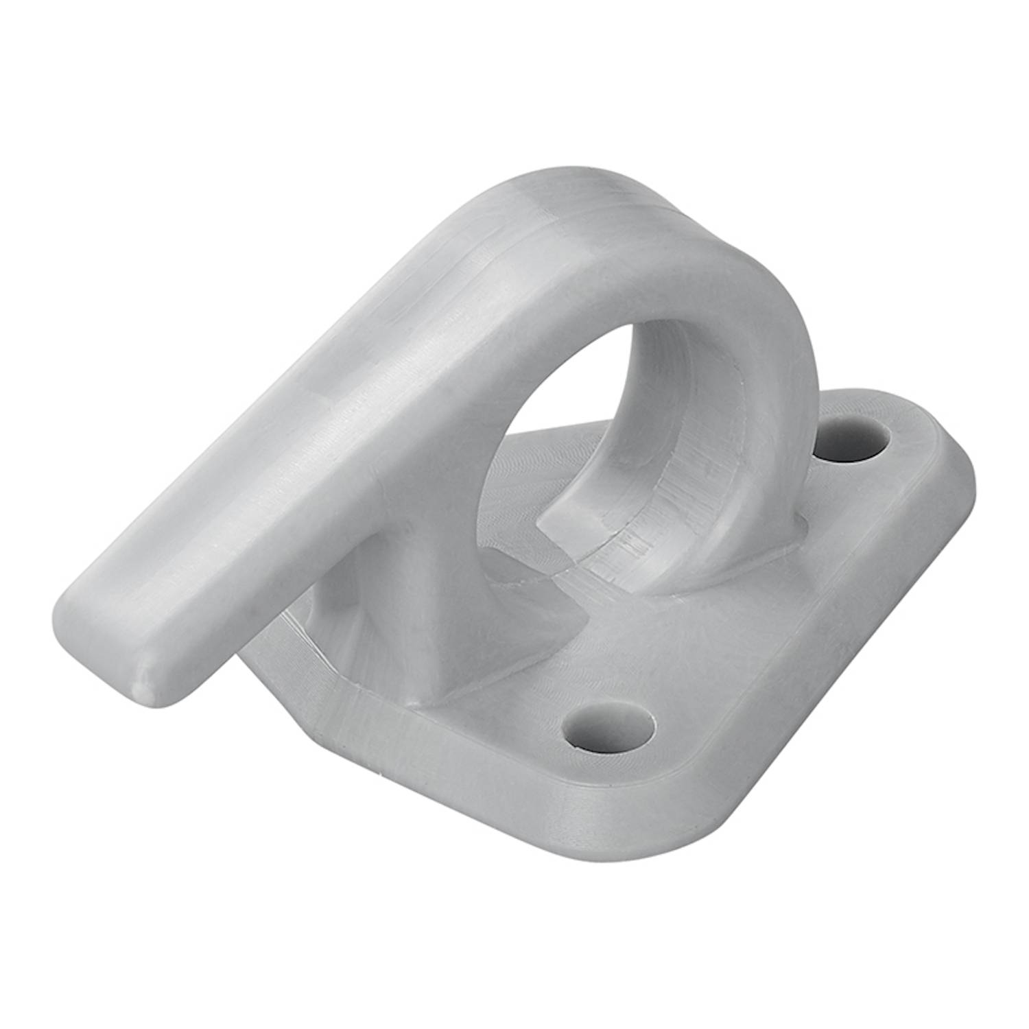 Ein grauer Kunststoffhaken mit einer flachen Basis und zwei Bohrlöchern, konzipiert zur Wandmontage, üblicherweise verwendet zum Befestigen von Gegenständen oder als Aufhänger.