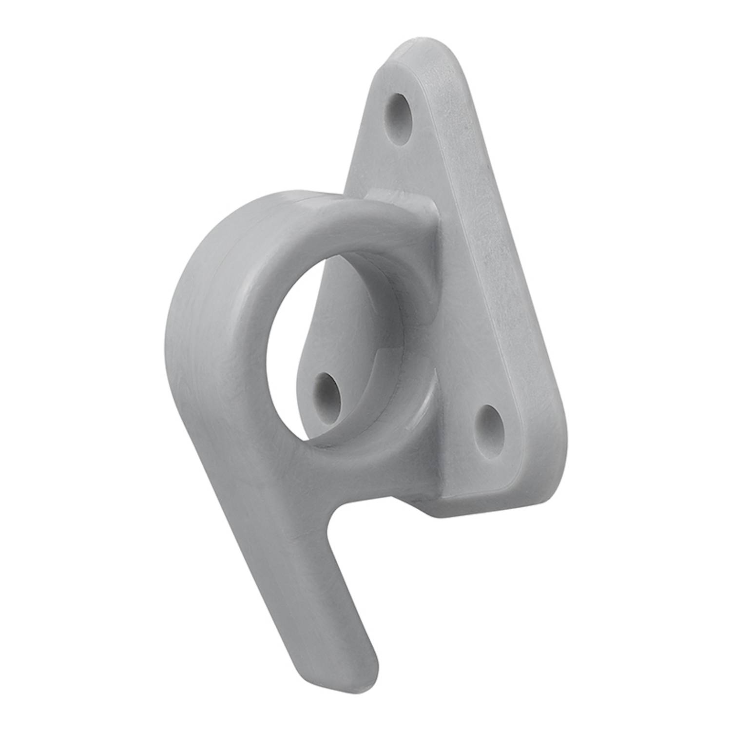 Ein grauer Plastikwandhaken mit drei Befestigungslöchern zum Anbringen von Gegenständen.