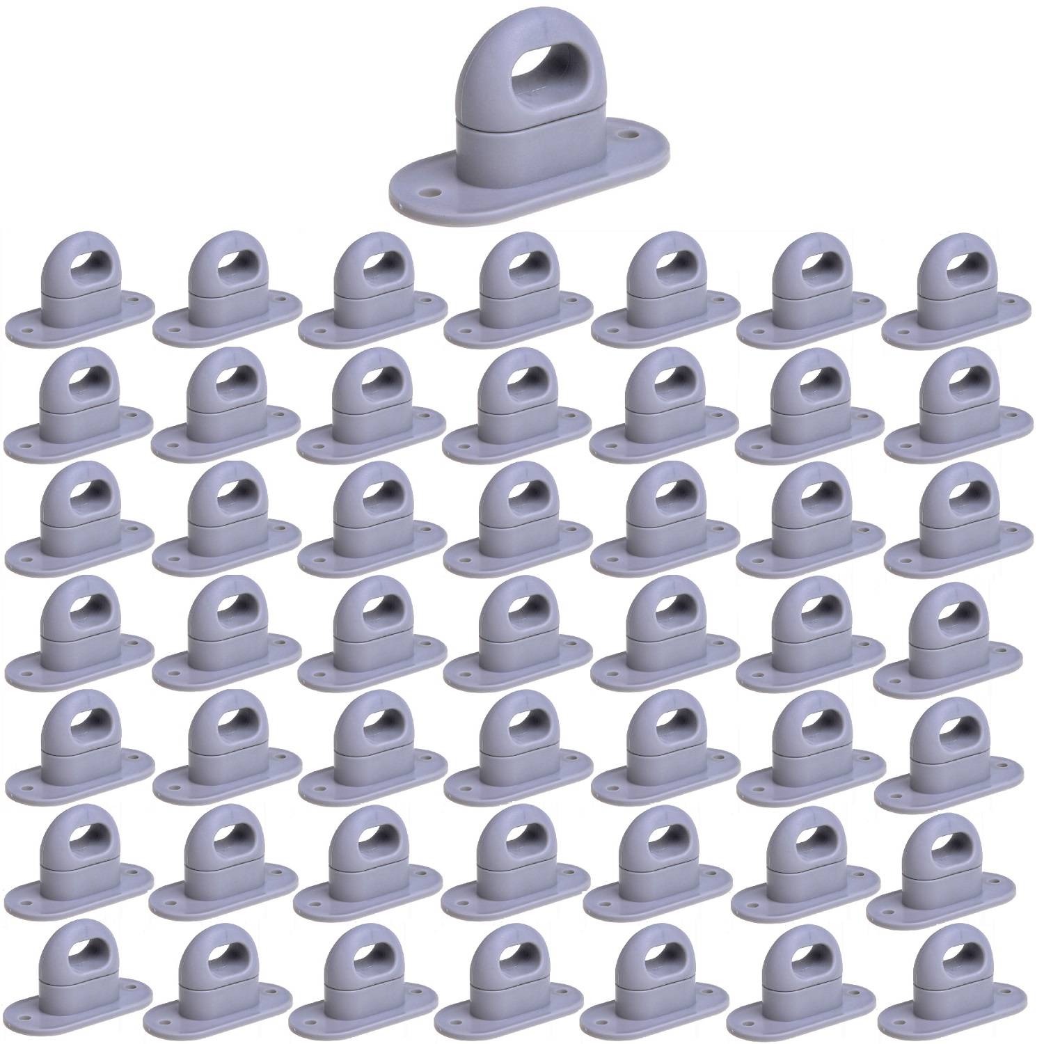 43 graue Kunststoff-Rohrbügel, in einem Rasteranordnung angeordnet, wobei einer leicht über den anderen herausragt.
