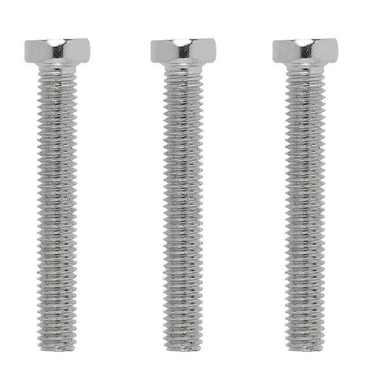 Drei silberne Sechskantschrauben, vertikal ausgerichtet auf einem einfarbigen Hintergrund.