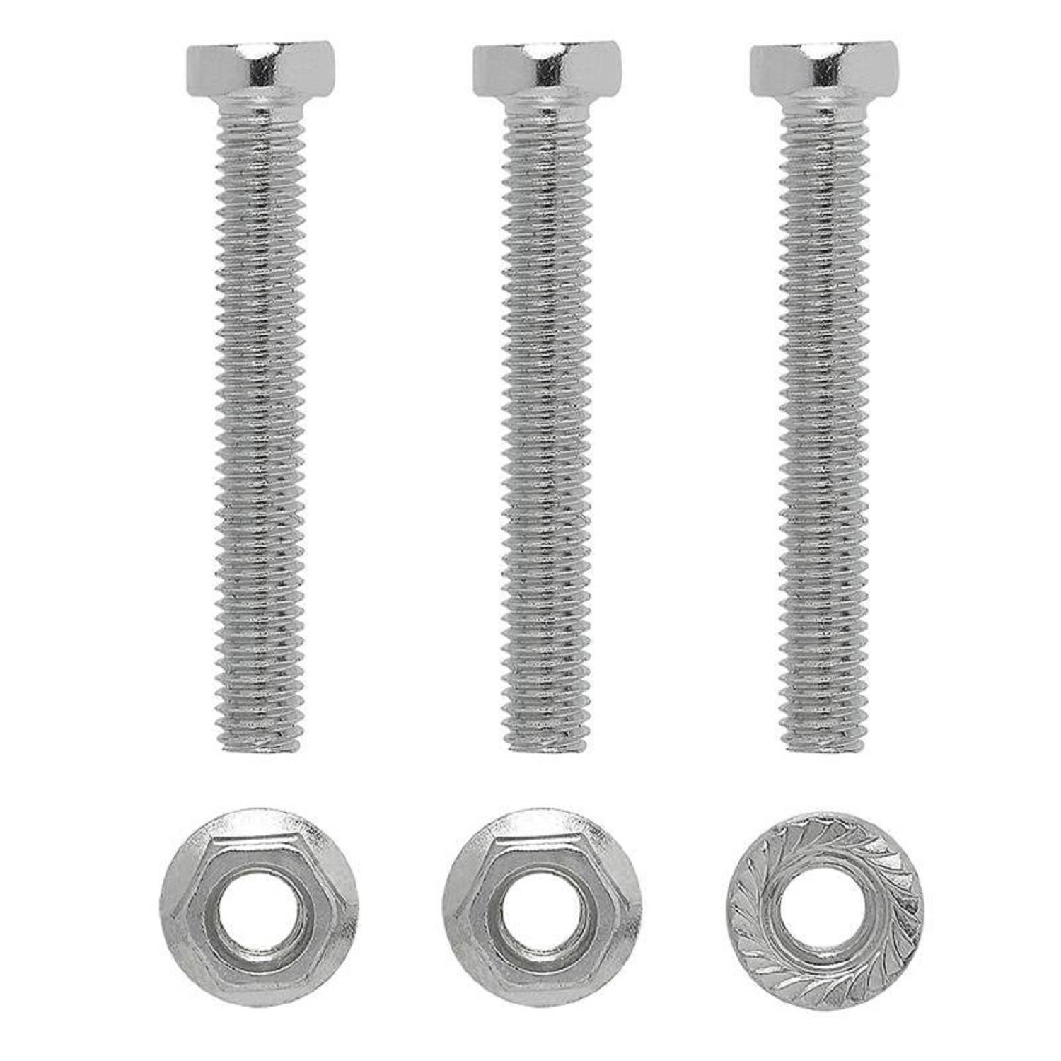 Drei silberne Schrauben mit sechseckigen Köpfen sind vertikal ausgerichtet, jeweils mit einer Mutter unterhalb der Schraube.