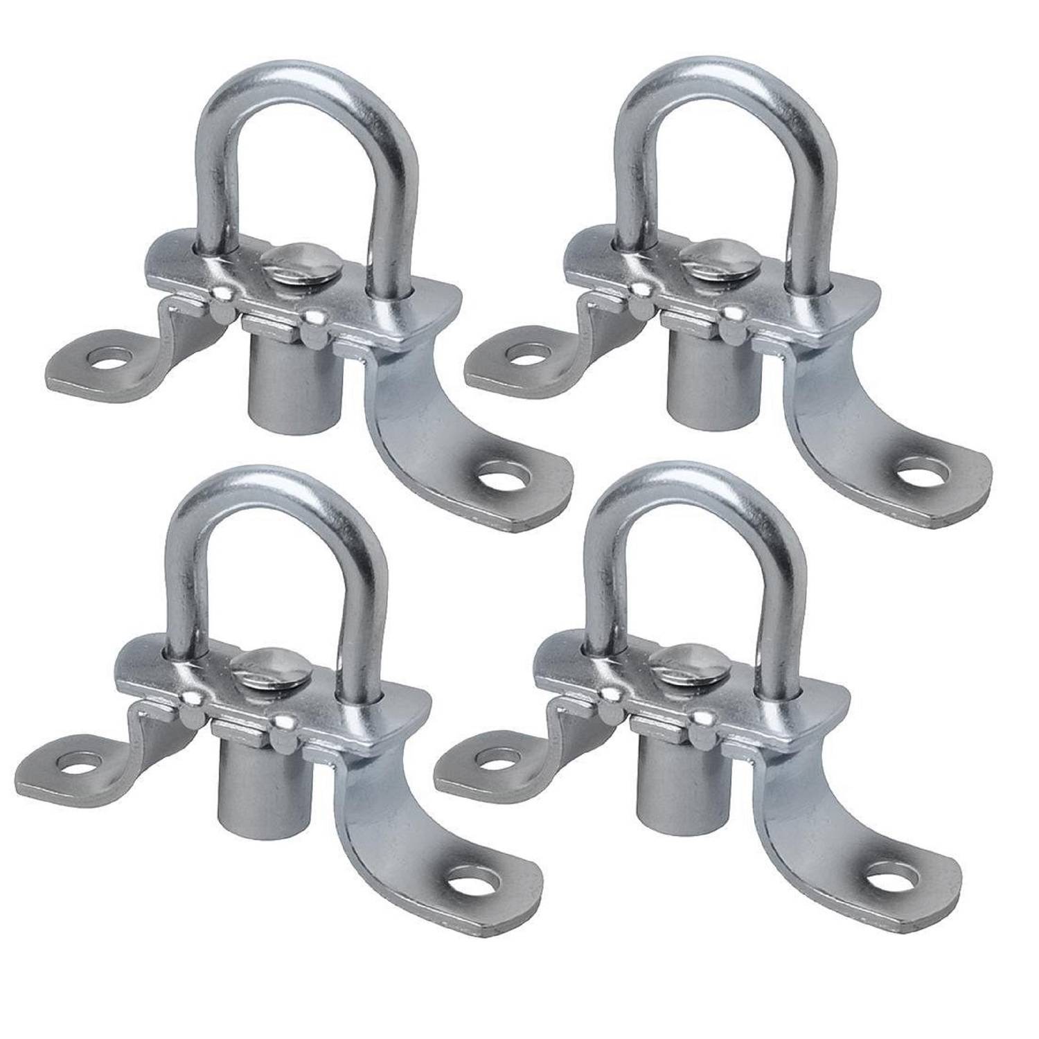 Vier Metall-D-Ring-Befestigungsösen für Anhänger- oder Ladeflächen-Verwendung, aus verschiedenen Blickwinkeln dargestellt, mit Hervorhebung der Befestigungslöcher und Schlaufen.
