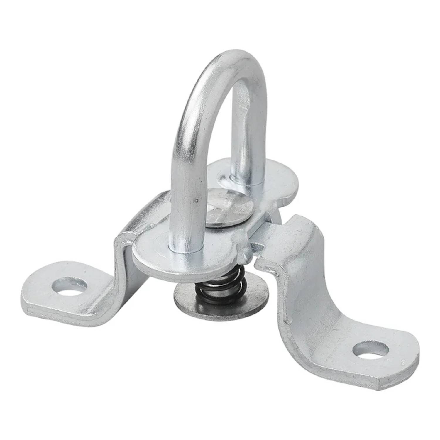 Eine Metallfalle mit einem gebogenen Griff und einer federnden Mechanik, entwickelt zum Sichern von Paneelen oder Gegenständen, ausgestattet mit zwei Befestigungslöchern.