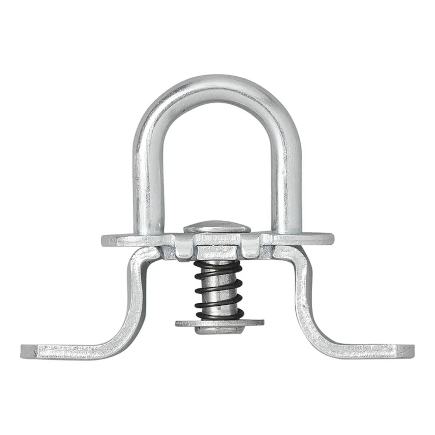 U-Bügel mit Metallfeder und Halterung; verwendet zum Befestigen von Rohren oder Leitungen. Silberne Ausführung; verfügt über einen zentralen Gewindeabschnitt mit Mutter.