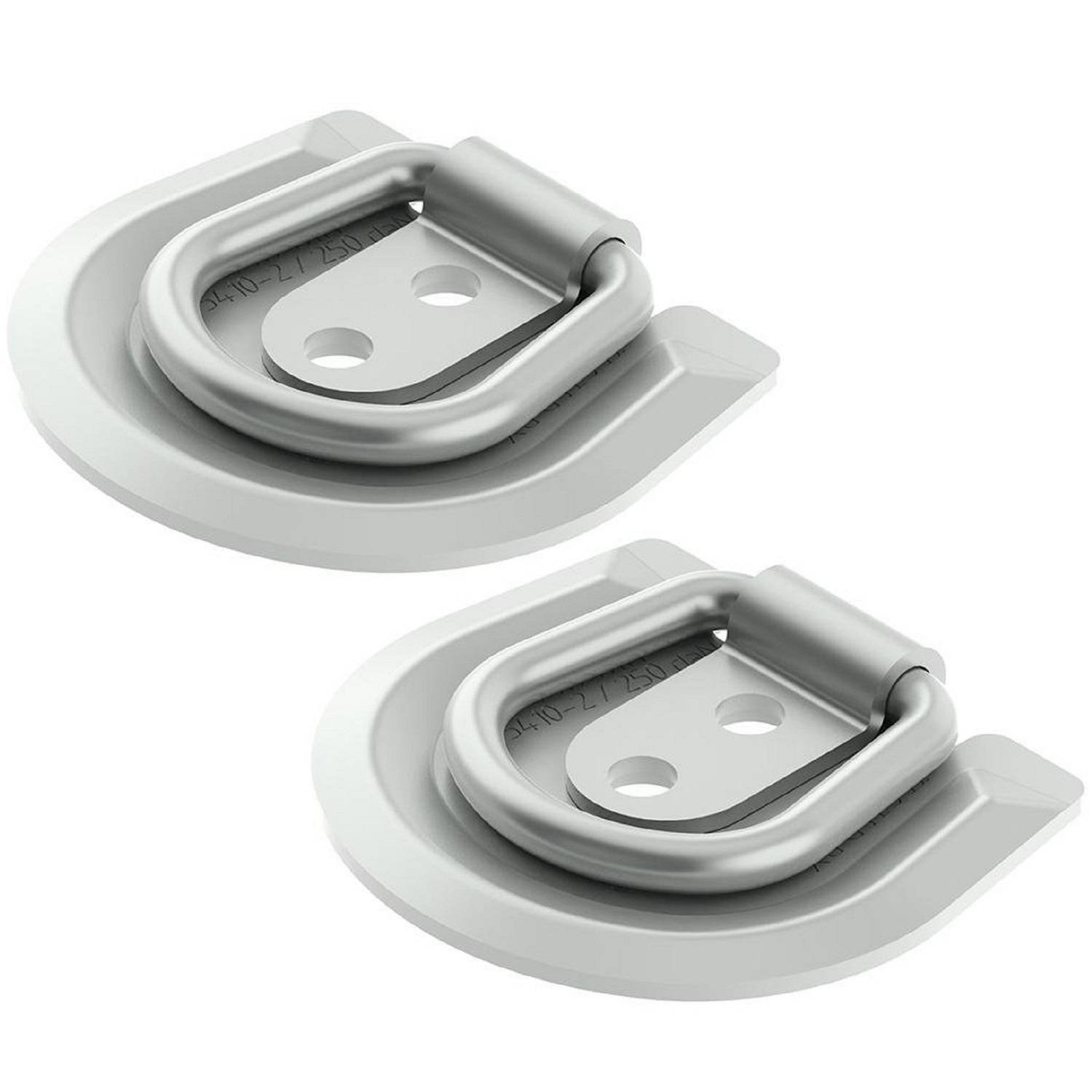 Zwei metallische D-Ring-Befestigungsösen auf rechteckigen Grundflächen, zur Ladungssicherung verwendet, auf weißem Hintergrund dargestellt.