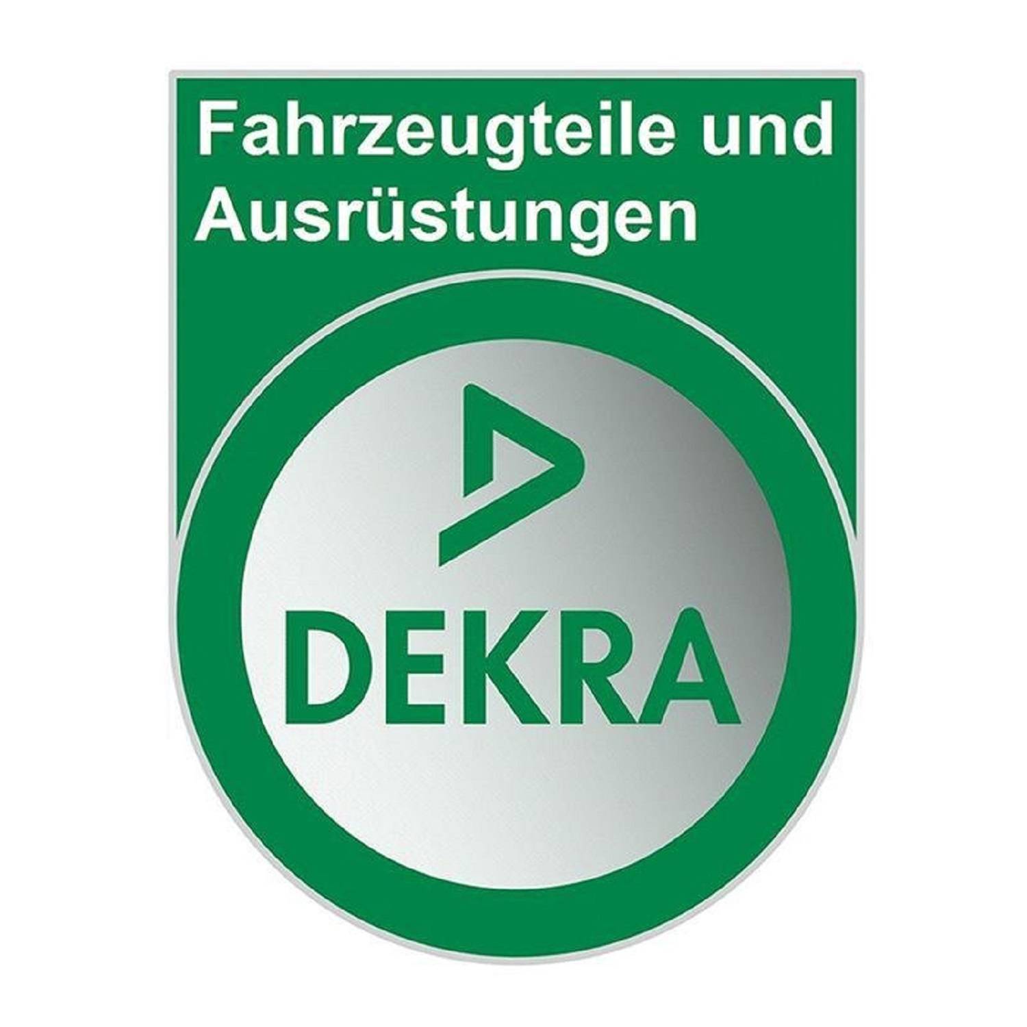 Grünes DEKRA-Logo mit Text 'Fahrzeugteile und Ausrüstungen'.