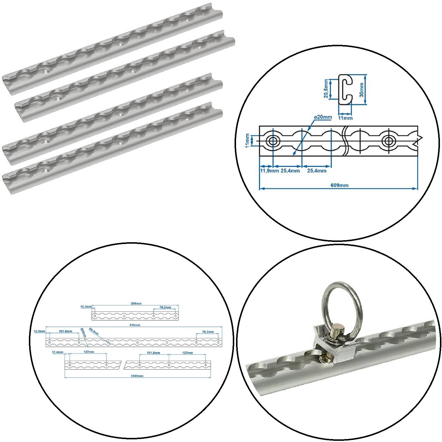 Vier silberne Metallstreifen mit gekrümmten Rillen, Diagramm mit Maßangaben und Installationsdetails mit einem Ringösen.