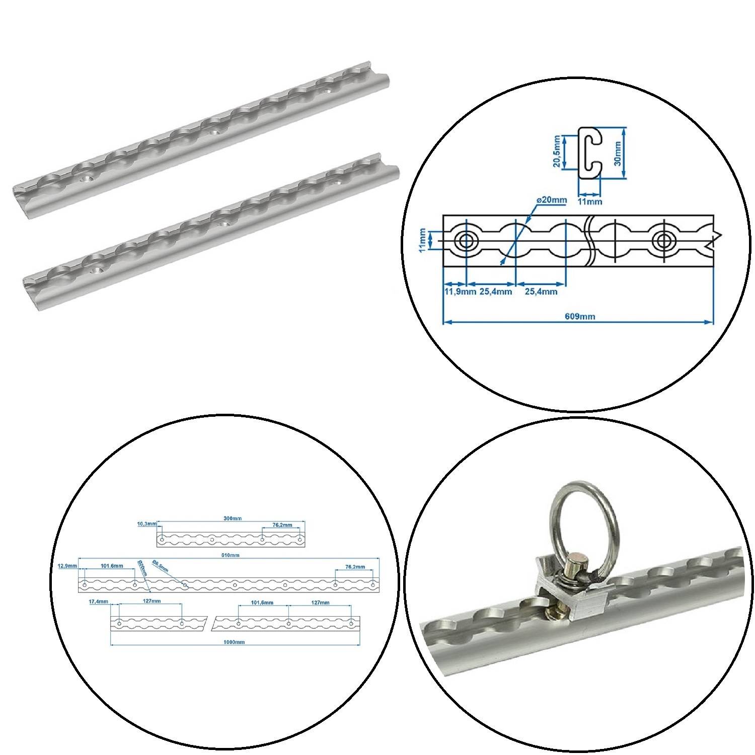 Satz von zwei gebogenen Metall-Deckenaufhängungen mit Installationsdiagramm; zeigt Abmessungen und Design für sichere Befestigung auf verschiedenen Oberflächen.