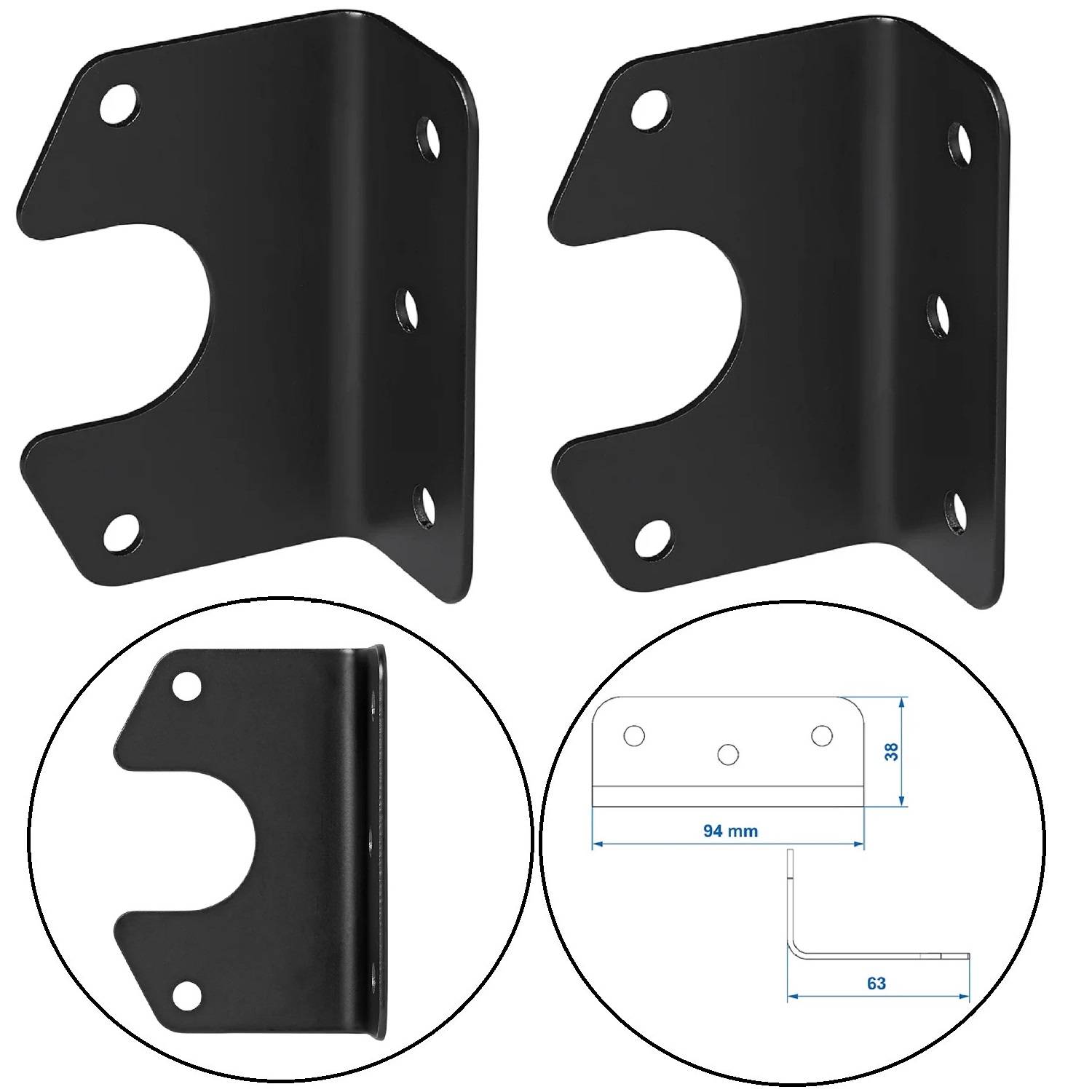 Schwarze Winkelhalterungen mit Löchern zur Befestigung, dargestellt in Paar- und Einzelansichten. Diagramm zeigt Abmessungen: 94 mm Länge, 63 mm Breite.