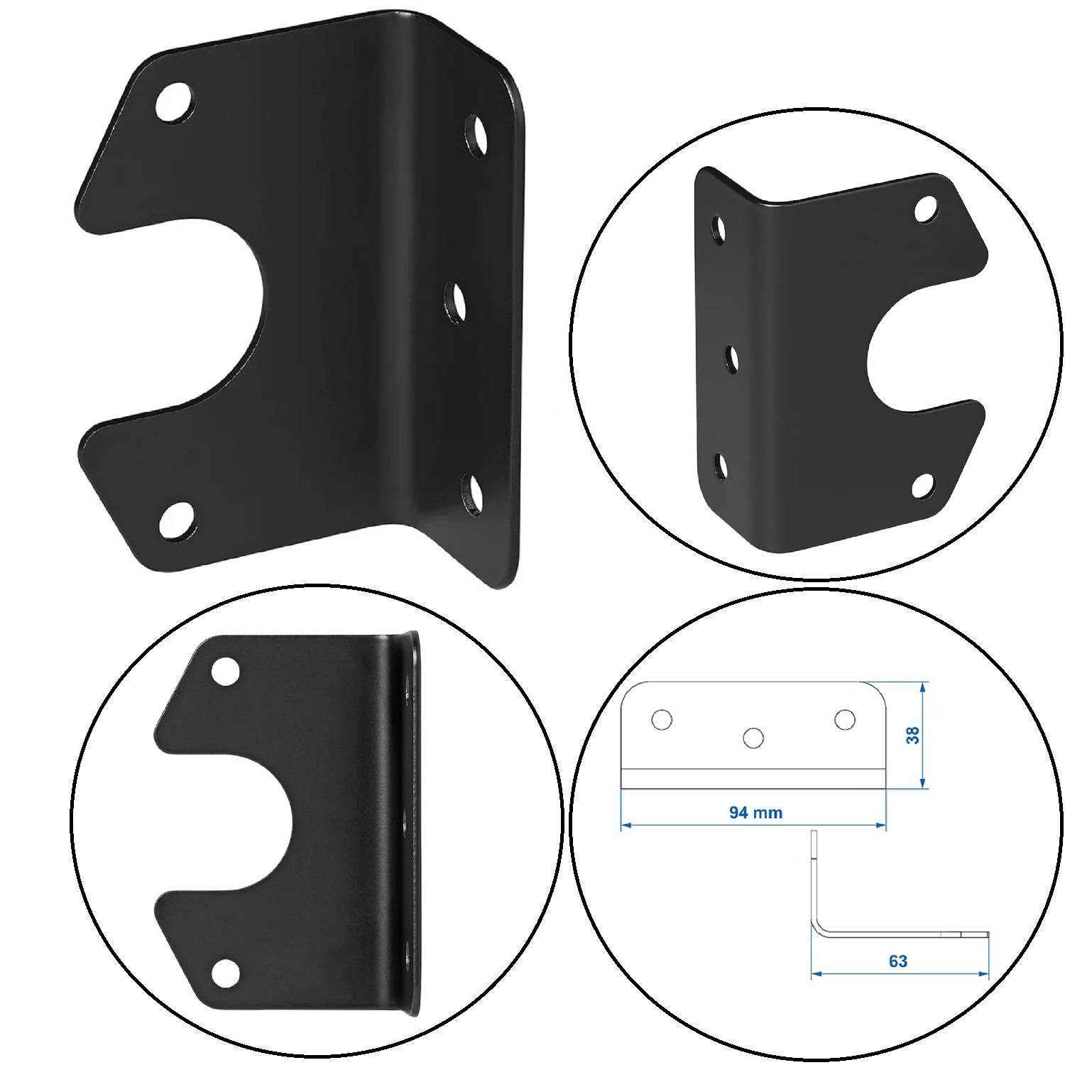 Schwarze Metallhalterung mit drei vorbohrten Löchern. Darstellung enthält Vorder-, Seitenansicht und Abmessungen: 94 mm Länge, 63 mm Breite.