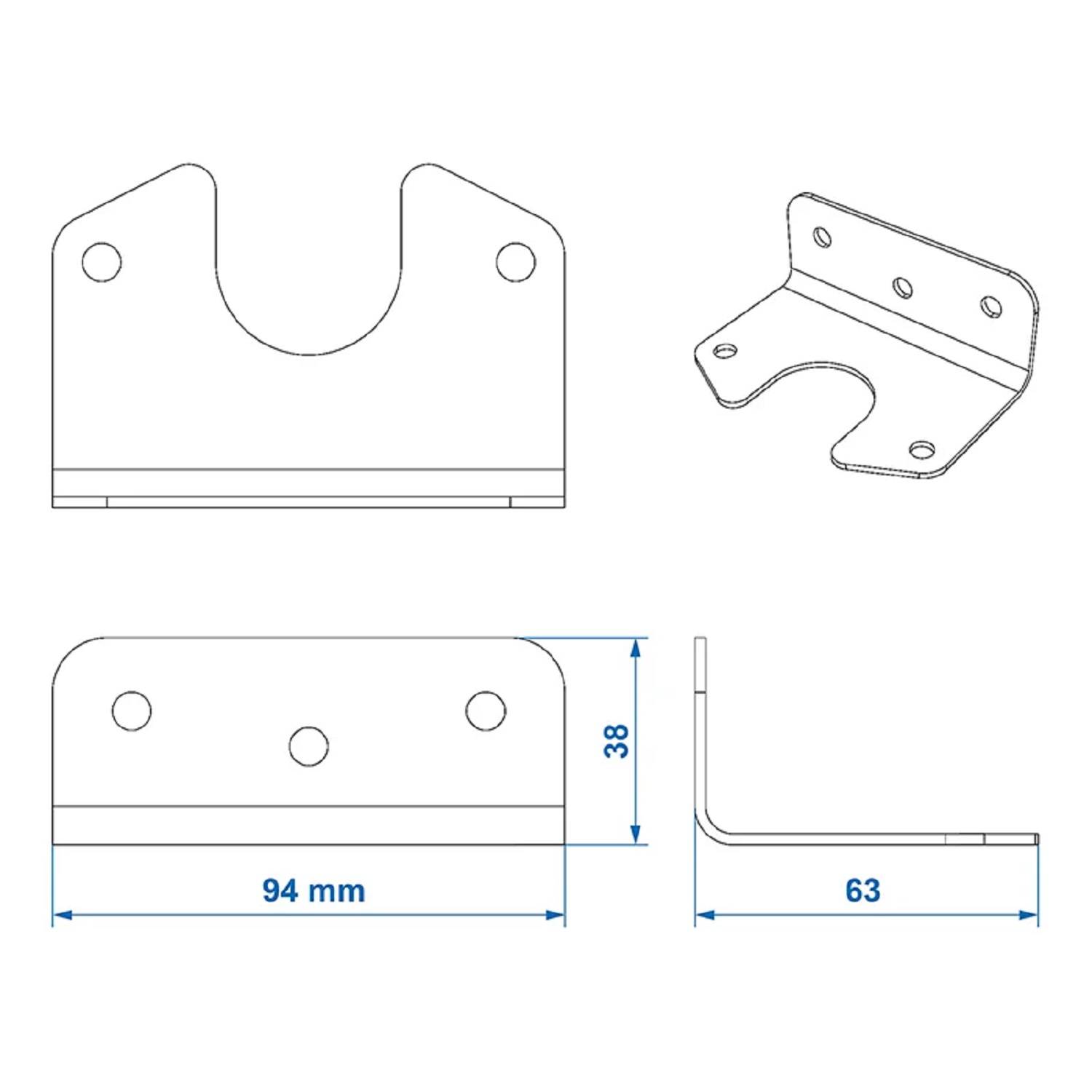 Technische Zeichnung einer Metallhalterung mit Abmessungen: Vorderansicht mit 94 mm Breite und 38 mm Höhe; Seitenansicht mit 63 mm Tiefe.