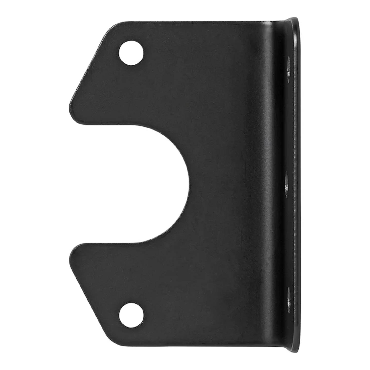 Ein schwarzer, L-förmiger Metallwandhalter mit zwei Schrauböffnungen zur Befestigung und einer größeren zentralen Öffnung für Anbringungszwecke.