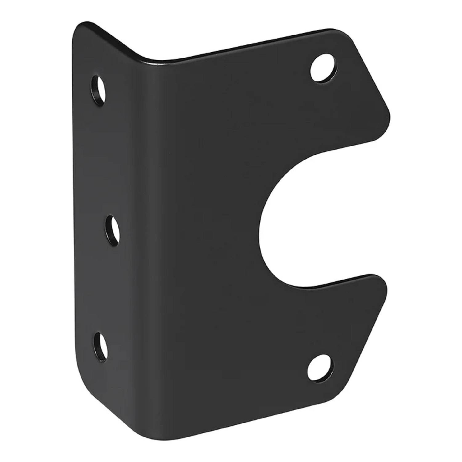 Eine schwarze Metallhalterung mit vier Löchern, die für Montage- oder Stützungszwecke konzipiert ist.