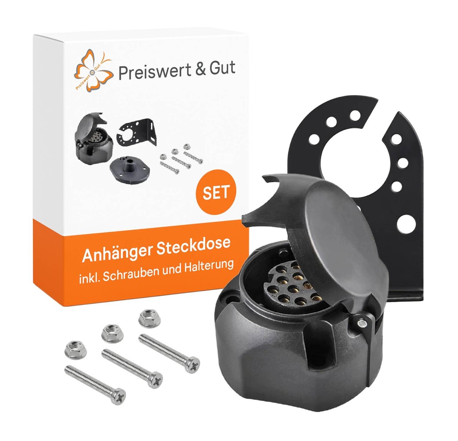 Anhänger-Steckdosensatz mit grauer Steckdose, Halterung, vier Schrauben und Karton mit Aufschrift 'Preiswert & Gut Anhänger Steckdose inkl. Schrauben und Halterung'.