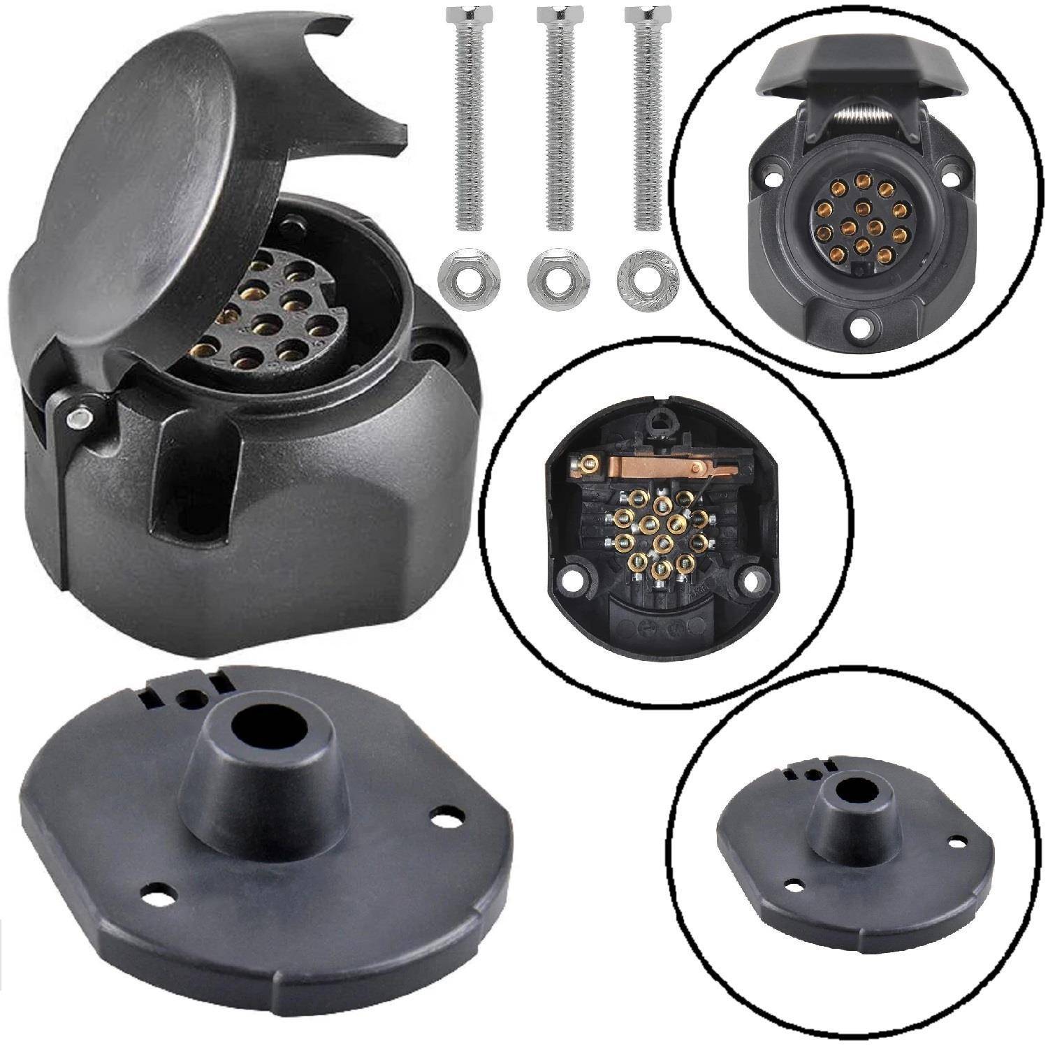 Fahrzeug-Anhängerkupplung Elektro-Steckdosen-Set mit mehreren Ansichten. Enthält Steckdose, Befestigungsschrauben und Abdeckung, konzipiert für Anhängerverbindungen.