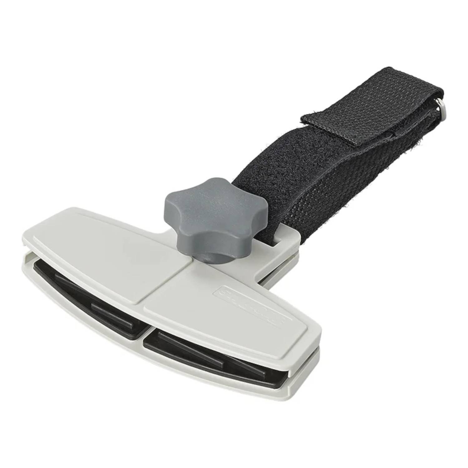 Ein weißer Kunststoff-Kopfstützenhalter für Tablets mit einem grauen Einstellknopf und einem schwarzen Befestigungsriemen.