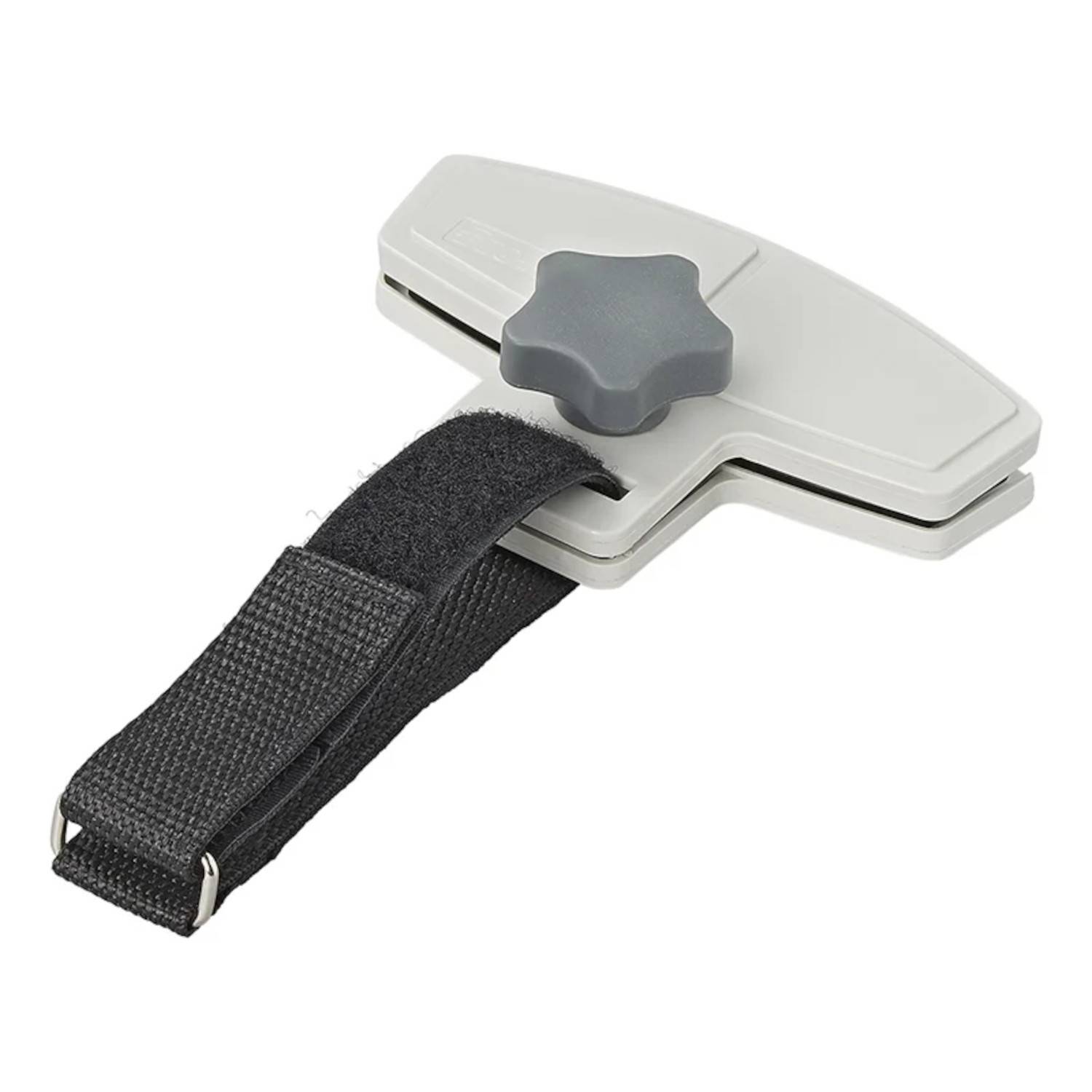 Ein graues, T-förmiges Werkzeug mit einem schwarzen verstellbaren Riemen und einem Drehknopf oben, das für Befestigungs- oder Spannungsanwendungen verwendet wird.