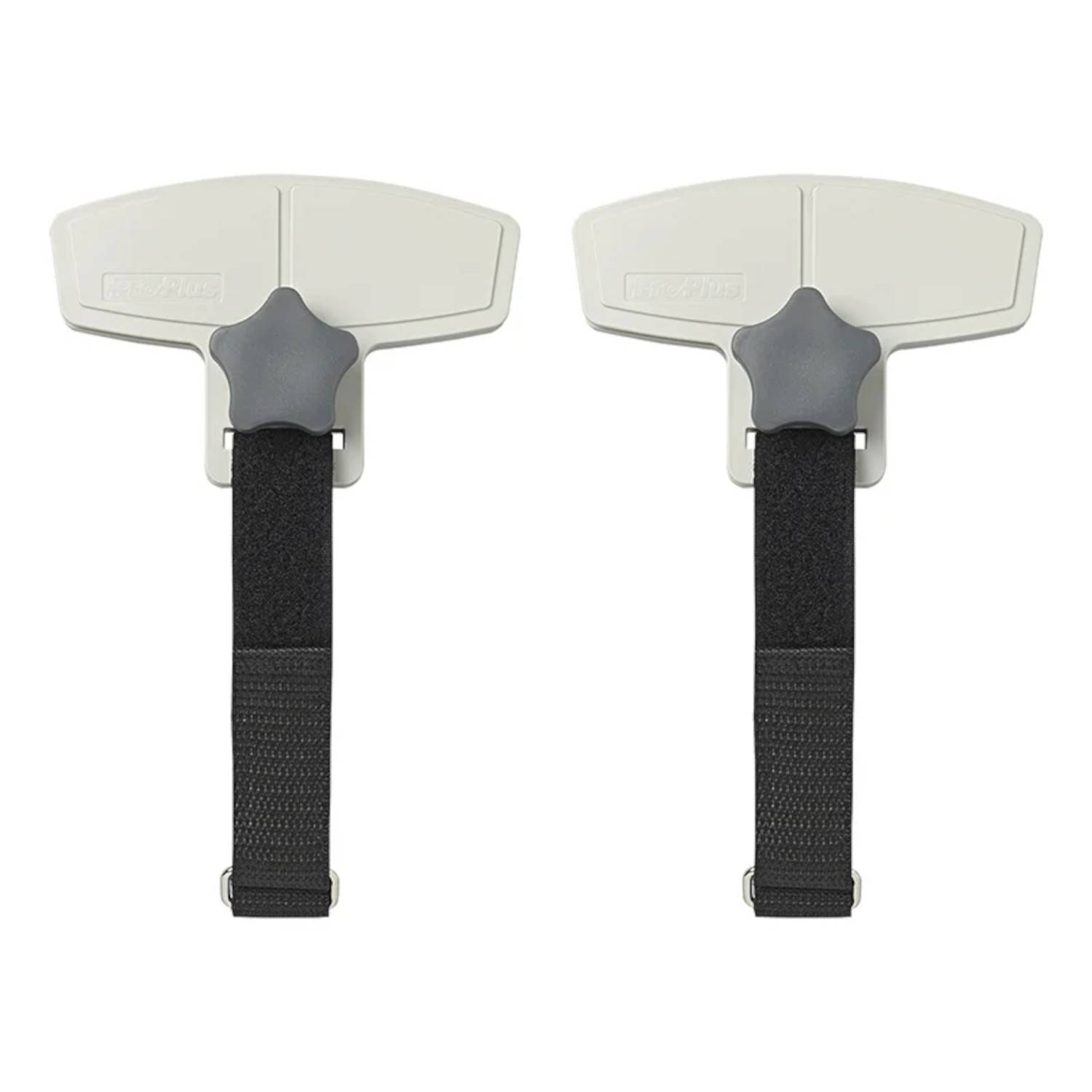 Zwei weiße Kunststoff-Kopfstützen mit schwarzen verstellbaren Riemen, entwickelt für ein Lochrückwand-System.