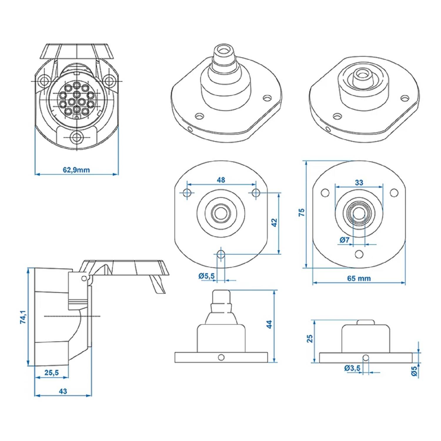 Steckdose für Anhängerkupplung 13 polig PVC Gehäuse schwarz mit Abschaltkontakt