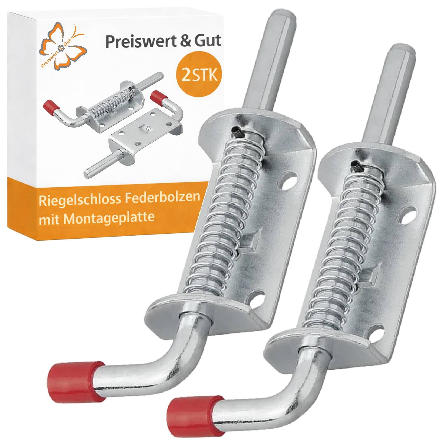Paket und zwei silberne Riegelbolzen mit roten Spitzen. Das Etikett liest „Riegelschloss Federbolzen mit Montageplatte