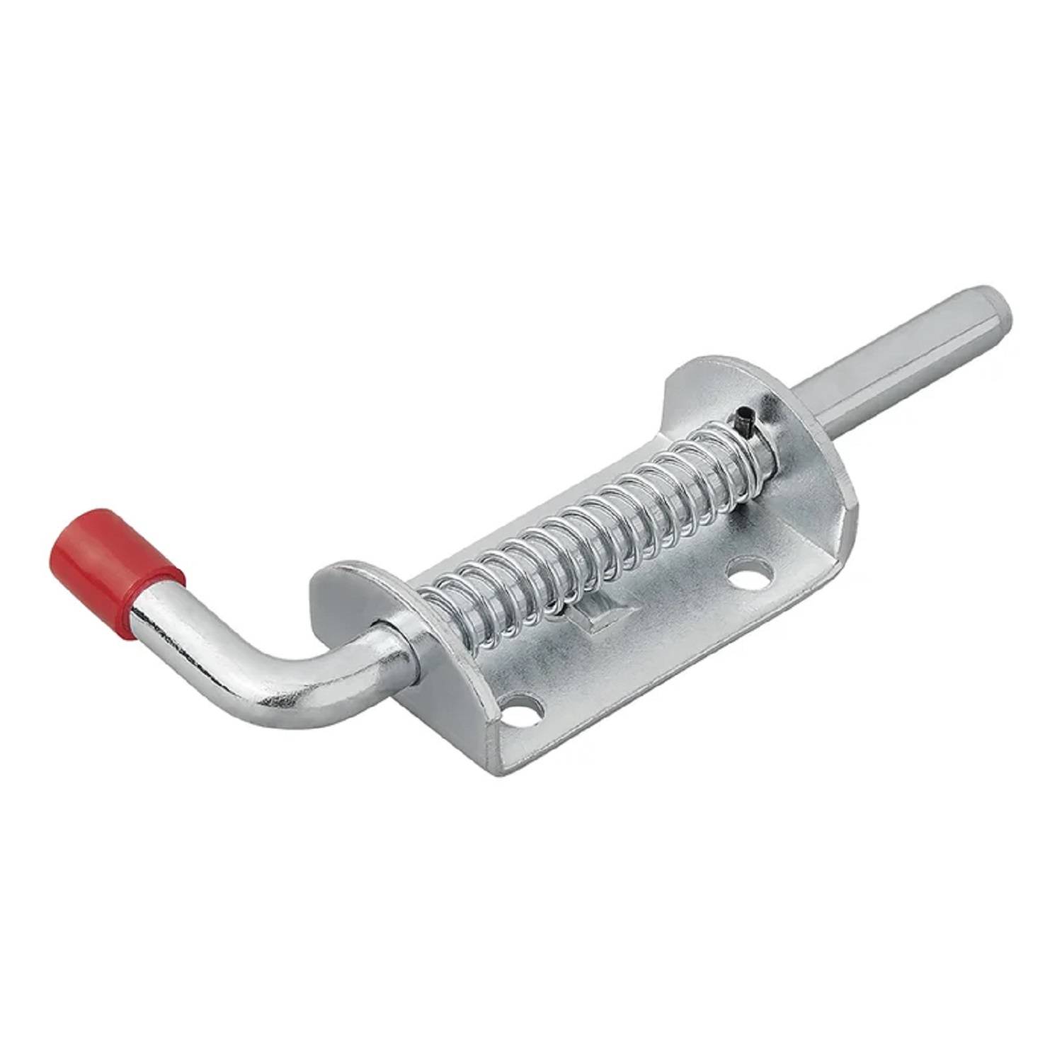 Ein metallischer Federboltriegel mit einem roten Kunststoffgriff, entwickelt zum Sichern von Toren oder Türen, mit zwei Befestigungslöchern zur Montage.
