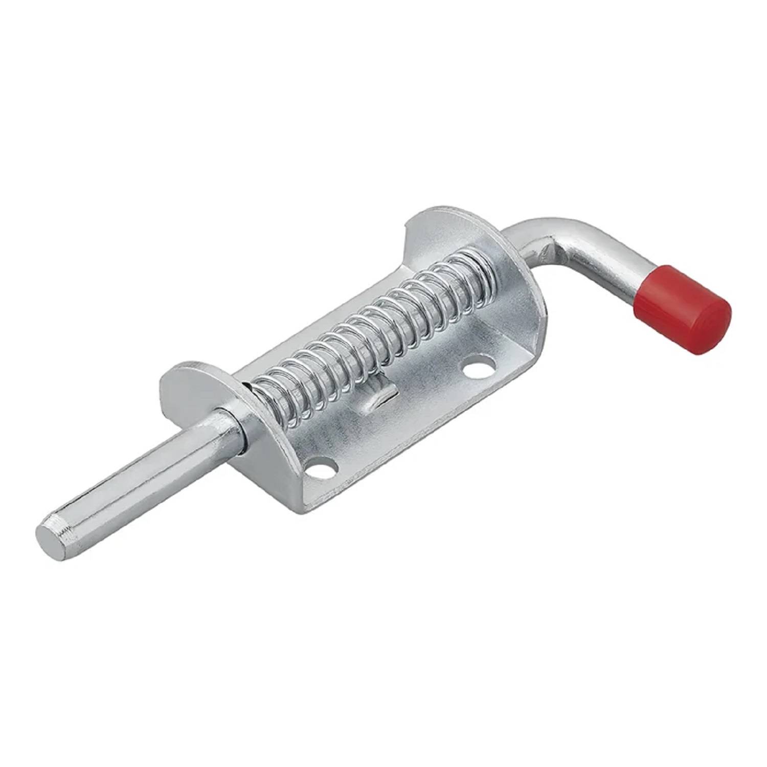 Ein Metallfedertürriegel mit einem roten Gummigriff, entwickelt zum Sichern von Türen und Toren.