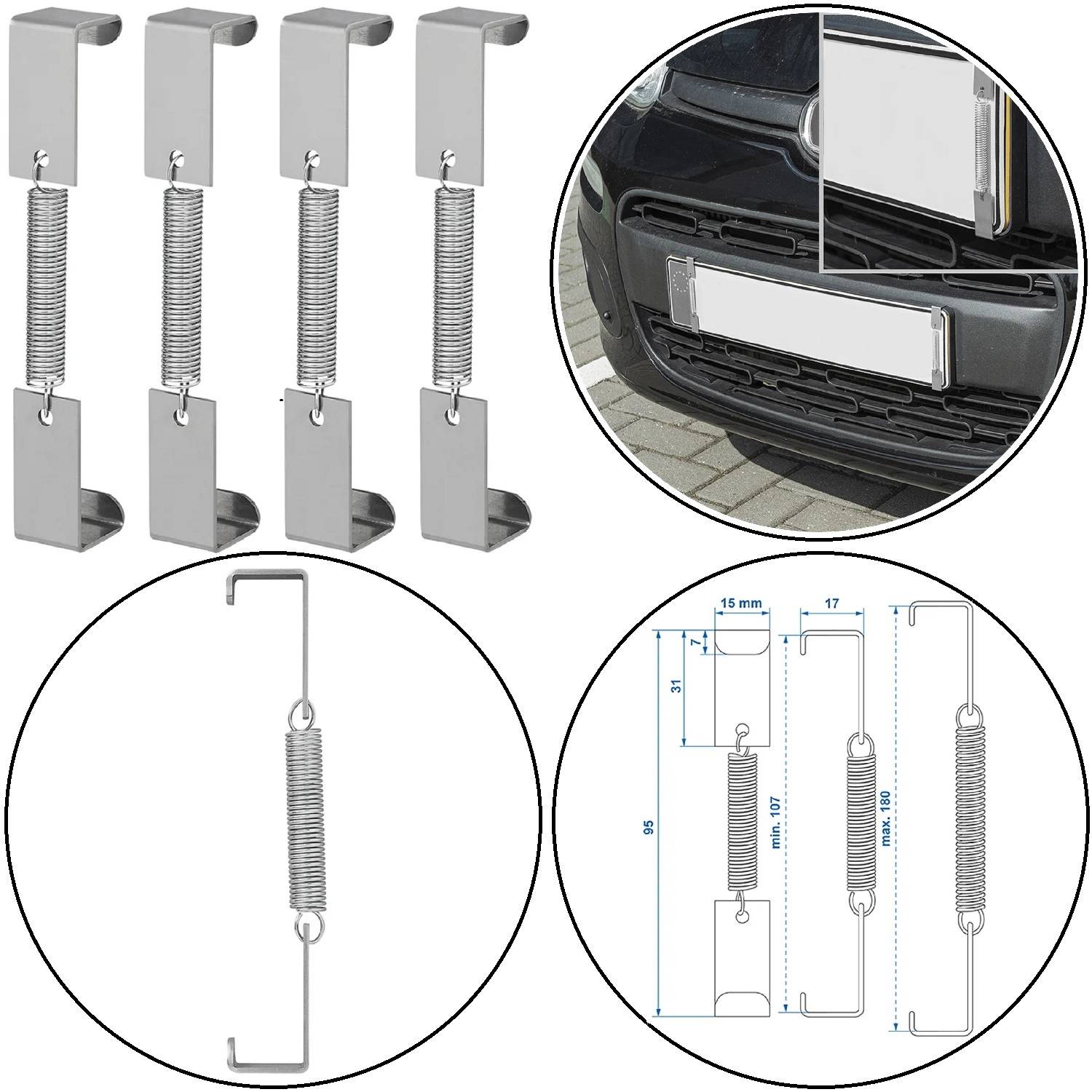 Vier silberne Metallfeder-Befestigungshaken für das Anbringen eines Kennzeichens, mit einer Demonstrationsanbringung an der vorderen Stoßstange eines Fahrzeugs. Inklusive Abmessungen.
