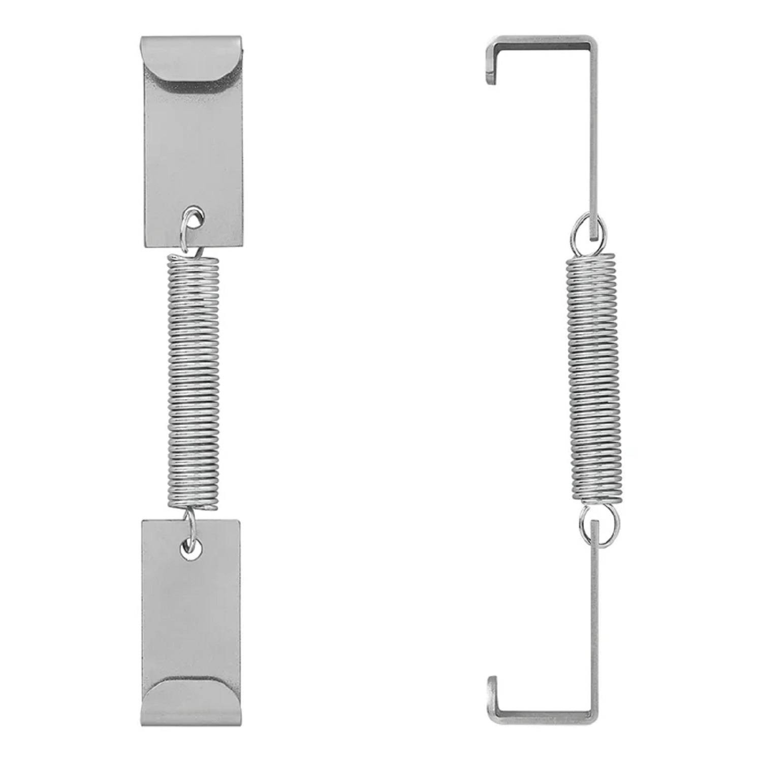 Zwei Arten von Metallfederwendeln mit rechteckigen und gehakten Enden, die für Spannungszwecke verwendet werden, in vertikaler Ausrichtung dargestellt.