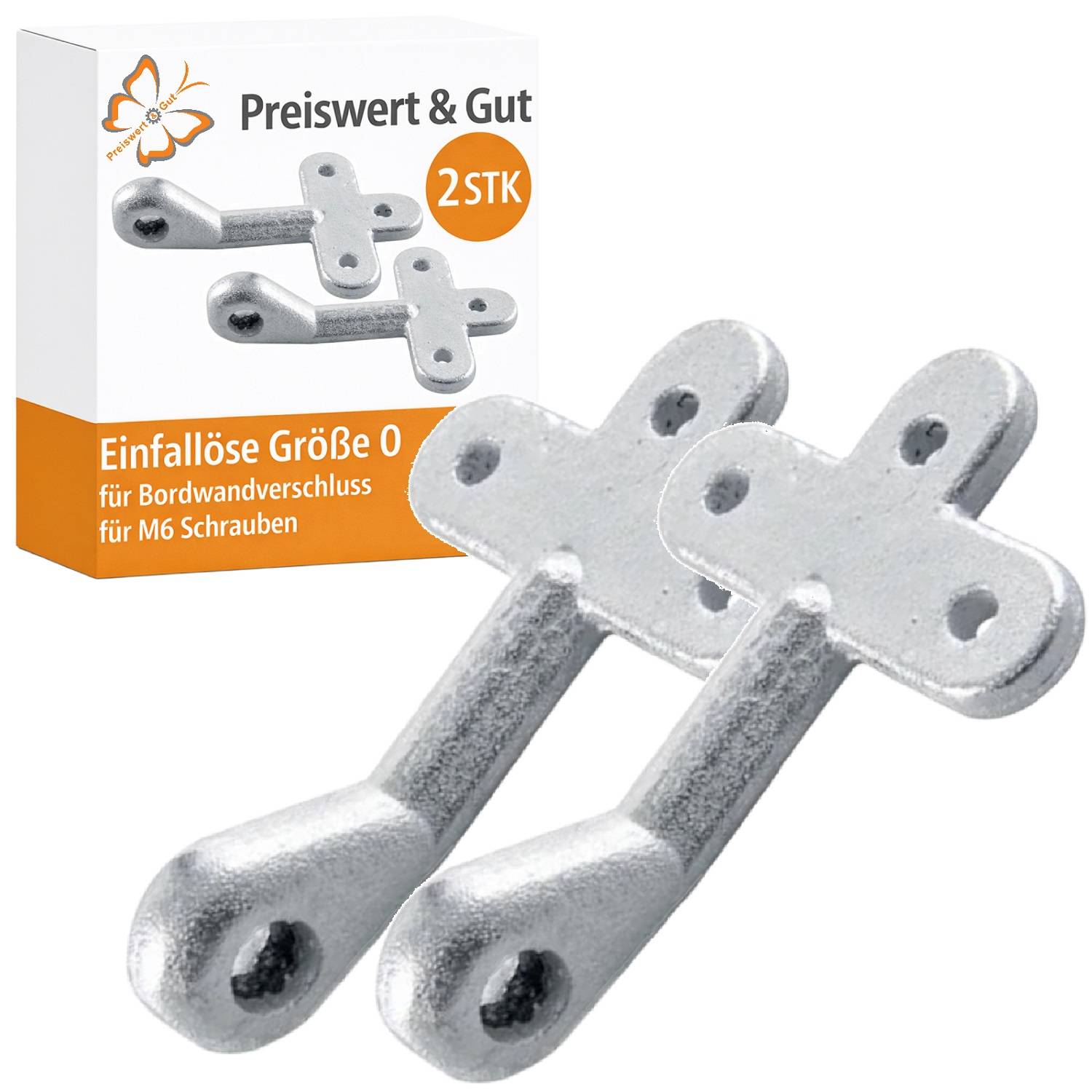 Zwei Metallkippverschlüsse vor einer Schachtel mit der Aufschrift „Preiswert & Gut
