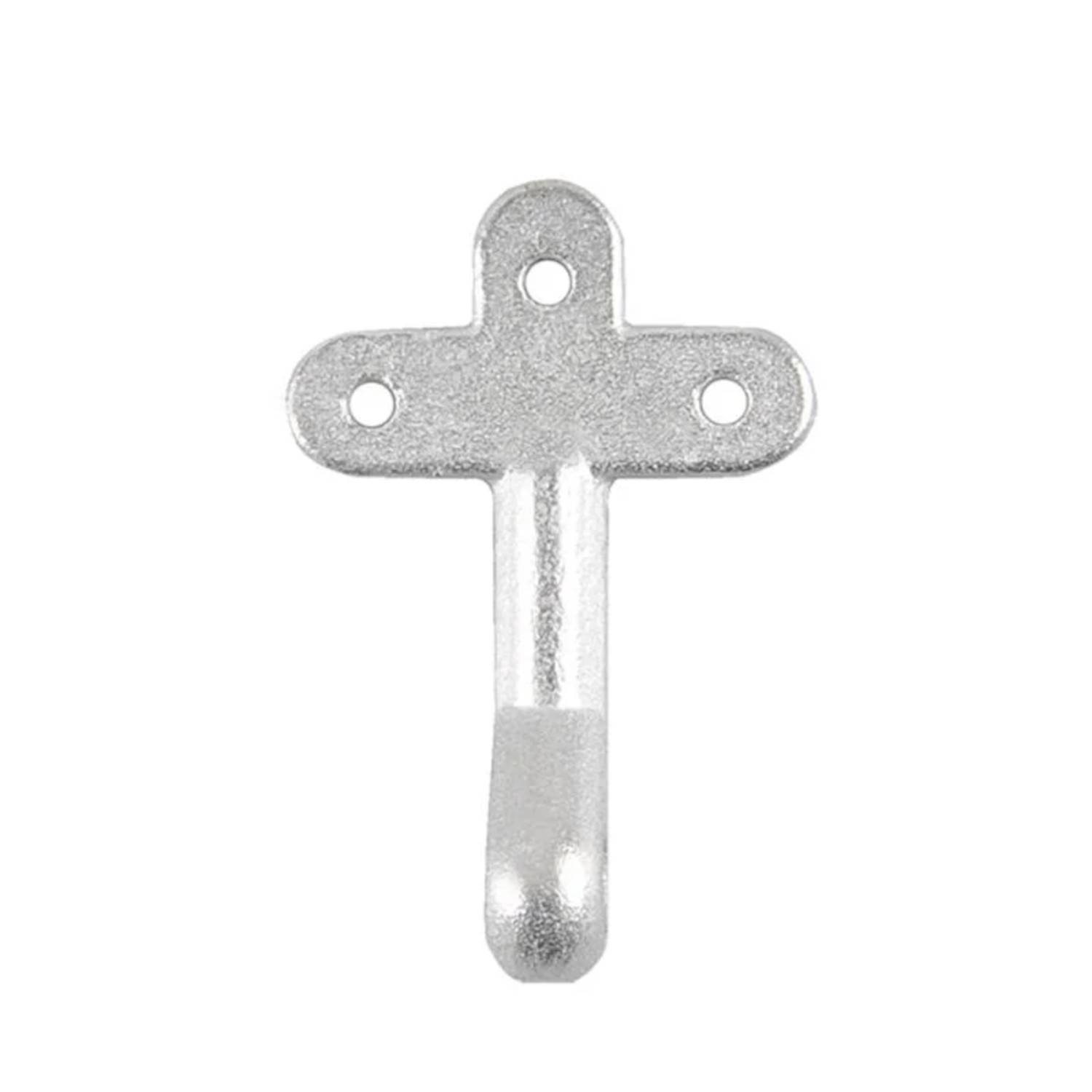 Ein silberner Kleiderhaken mit einem kreuzförmigen Kopf und drei Befestigungslöchern zur Montage.
