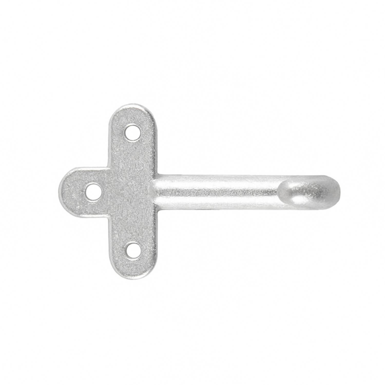 Ein silberner Metallhalter mit einem hakenförmigen Ende und drei kreisrunden Löchern zur Befestigung, der zum Abstützen oder Aufhängen von Gegenständen verwendet wird.