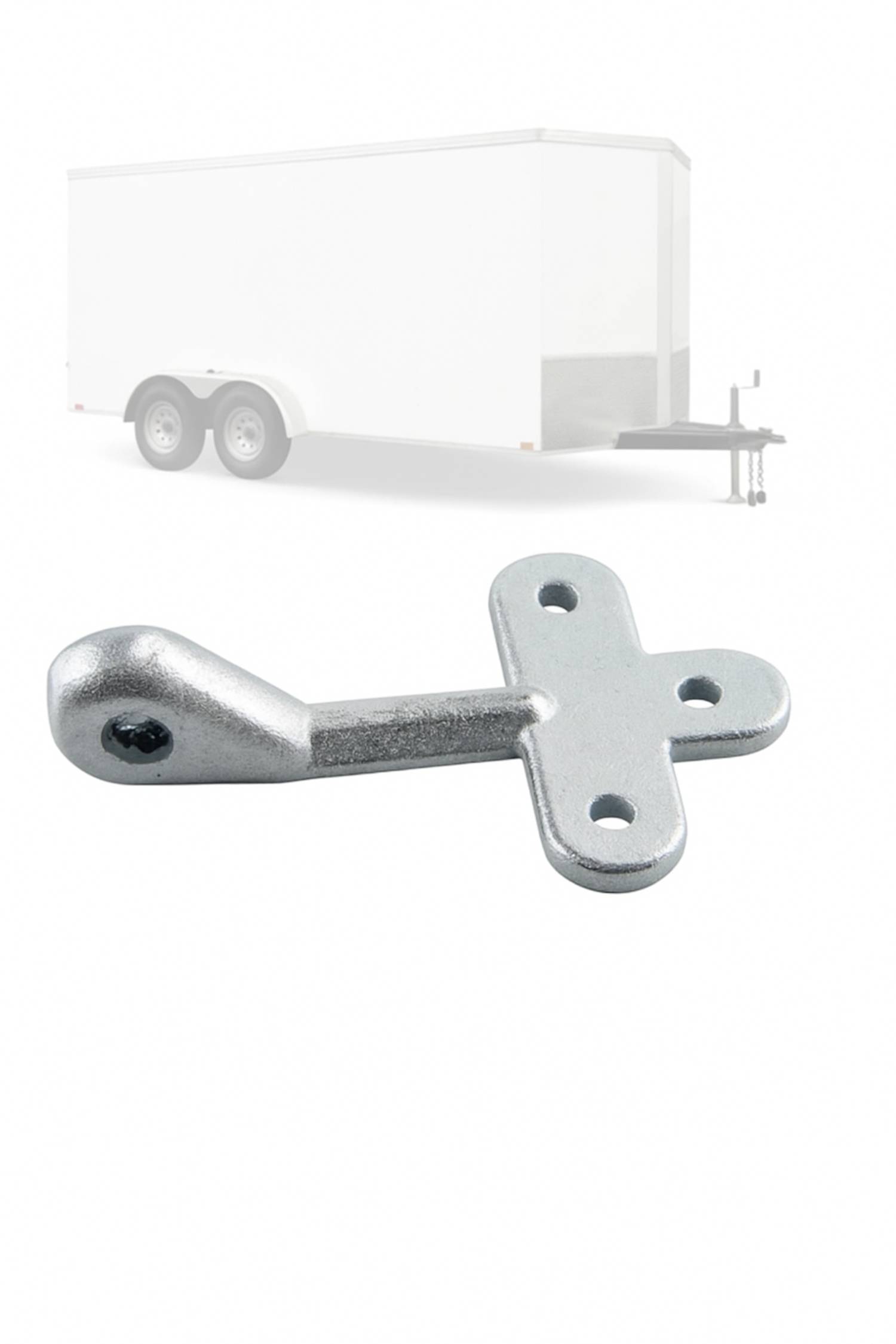 Ein Metallscharnier wird vor einem unscharfen weißen Hintergrund prominent in Szene gesetzt, auf dem ein Teil eines Anhängers zu sehen ist.