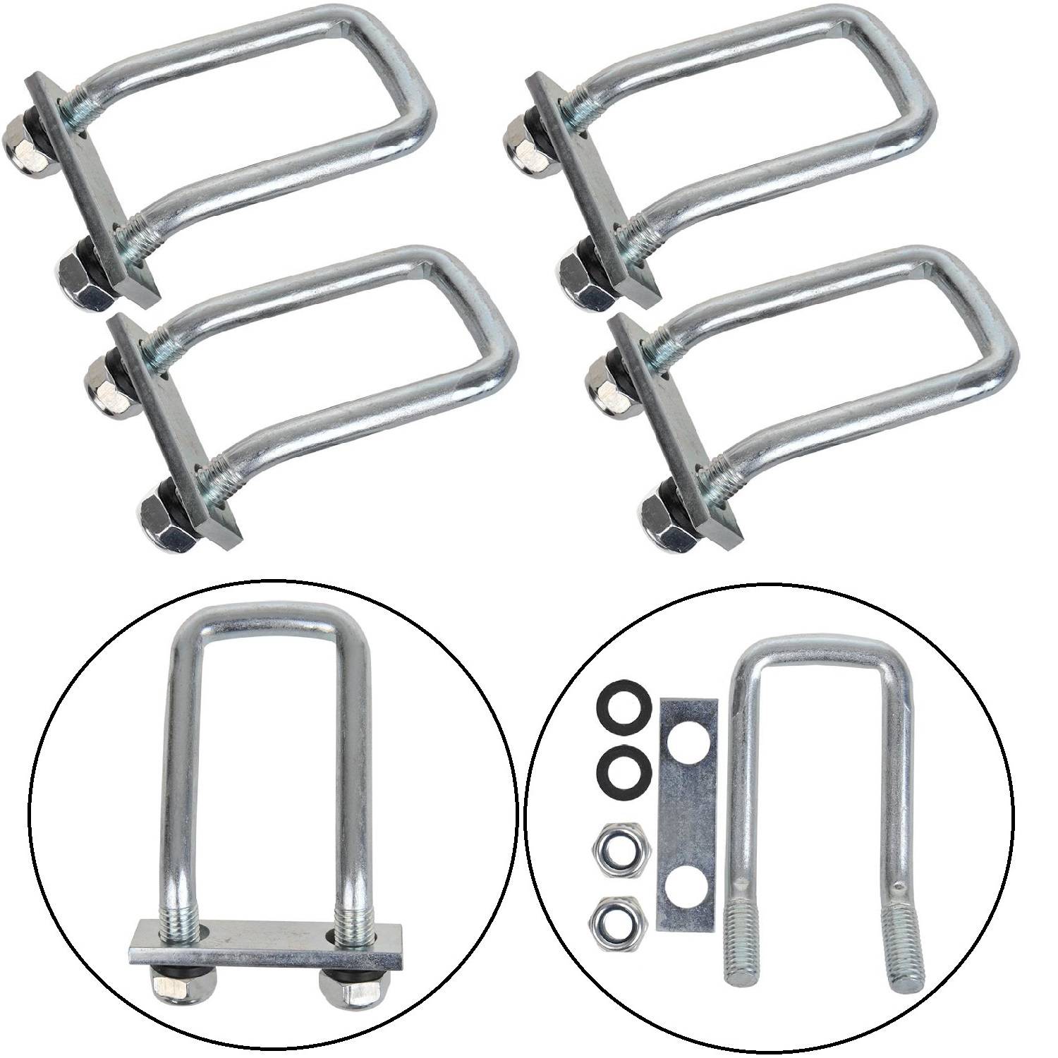 Vier Metall-U-Schrauben mit angebrachten Platten und Muttern, üblicherweise zum Befestigen von Maschinen oder Strukturen verwendet. Zwei kreisförmige Einblendungen zeigen Nahaufnahmen.