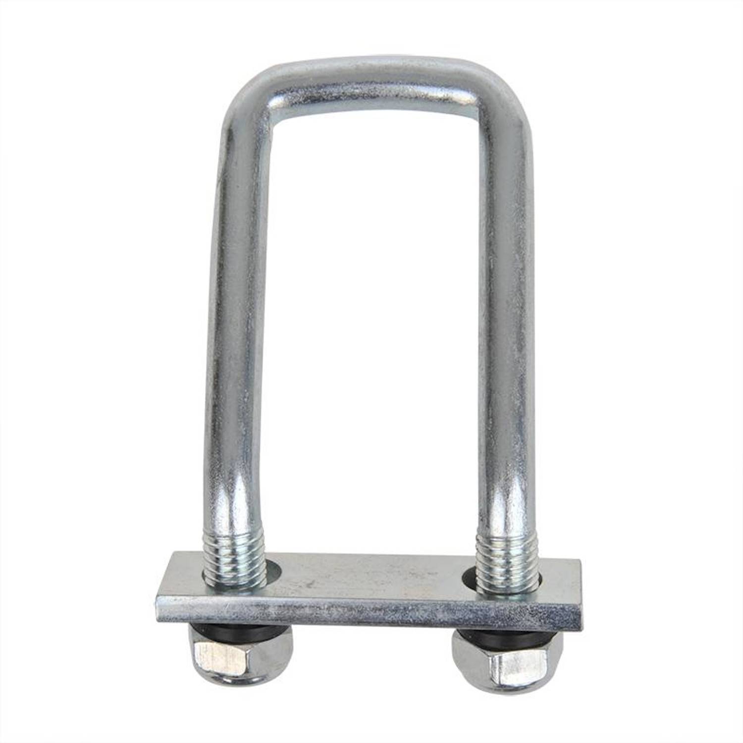 Eine Metallbügel-Schraube in U-Form mit rechteckiger Geometrie, versehen mit Gewindeenden und gesichert mit zwei Muttern und einer rechteckigen Grundplatte.