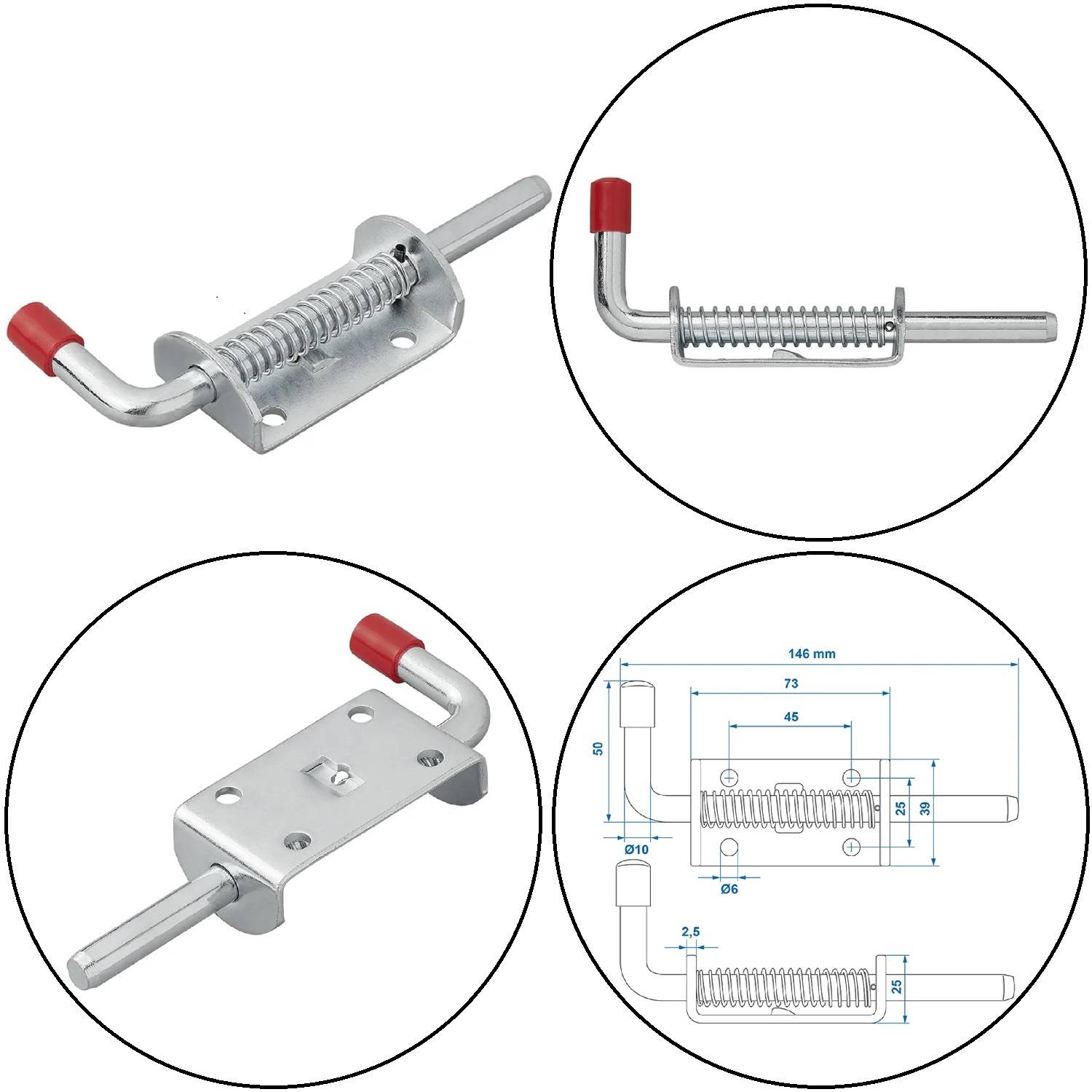 Kreisförmige Bilder zeigen einen Metallbolzenriegel aus verschiedenen Blickwinkeln und heben dessen Federmechanismus und Dimensionen in einer technischen Zeichnung hervor.