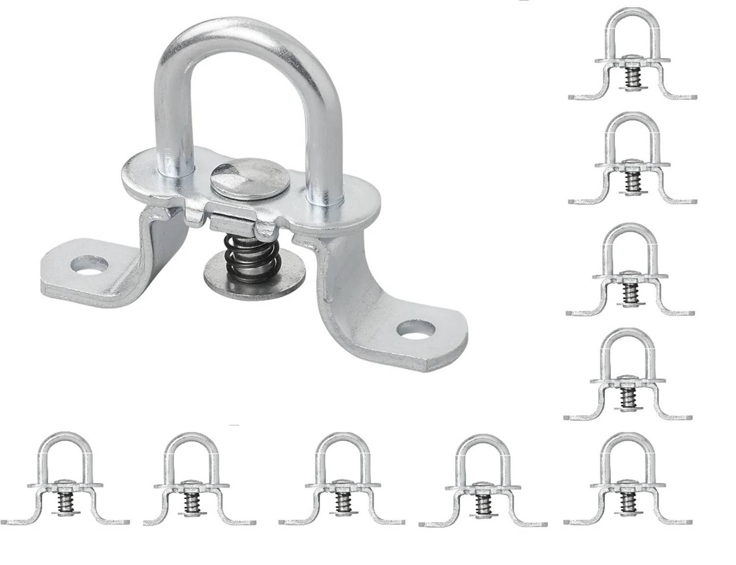 Eine metallische Federfangvorrichtung mit einem U-förmigen Griff und Löchern auf der Montagebasis. Sie wiederholt sich mehrmals in einem Rastermuster.