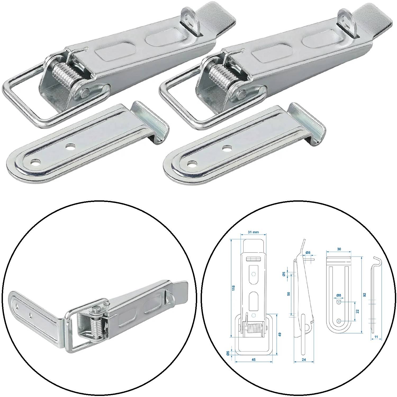 Zwei silberne Knebelverriegelungen mit Grundhalterungen, daneben eine kreisförmige Einlage mit Seitenansicht und technischen Diagrammen mit Maßangaben.