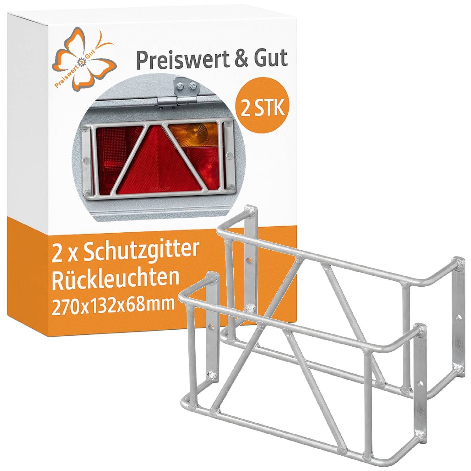 Verpackung für 'Preiswert & Gut' Rücklichtschutzgitter, Produktdarstellung mit Text '2 x Schutzgitter Rückleuchten 270x132x68mm'.