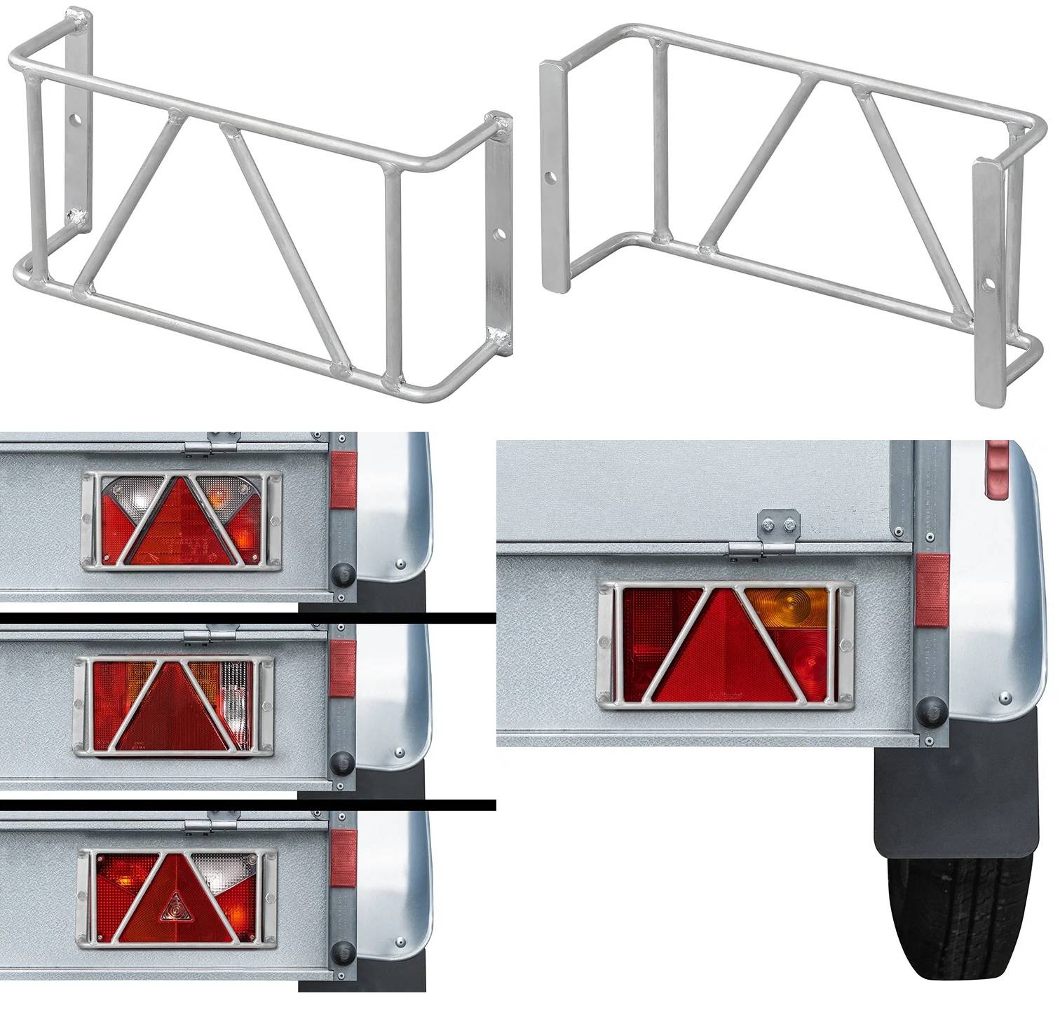 Darstellung eines Metallflanschs für Anhängerbeleuchtung mit drei Beispielen, wie der Flansch über verschiedene Anhängerleuchten passt.