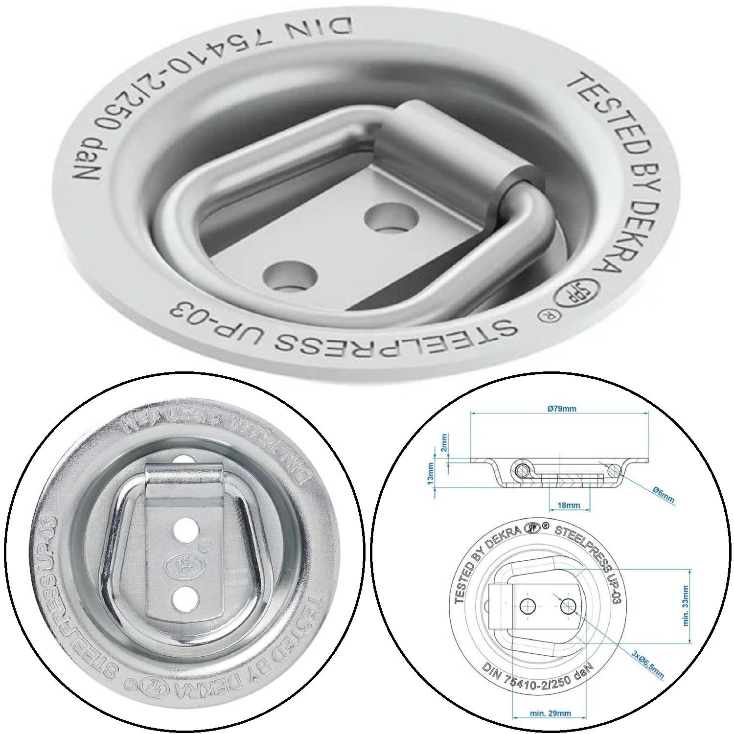 Kreisförmiger Metallanschlagpunkt mit einem gelenkigen D-Ring zum Sichern von Objekten. Mit der Beschriftung 'GEPRÜFT DURCH DEKRA' und Abmessungen, die in separaten Diagrammen angegeben sind.