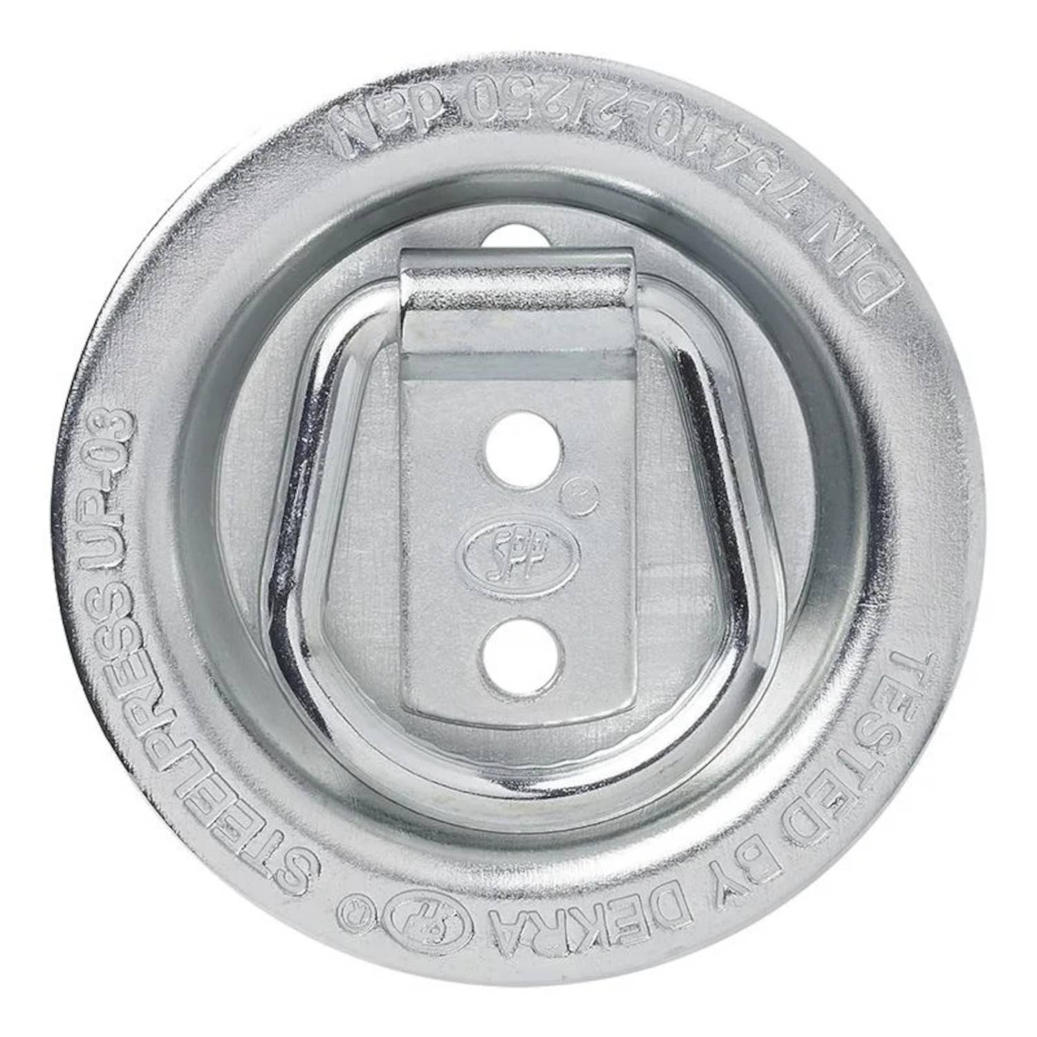 Ein runder metallischer Befestigungsring mit geprägtem Text 'STELL' und 'GEPRÜFT VON DEKRA'. Er hat eine erhöhte Schlaufe und Befestigungslöcher.