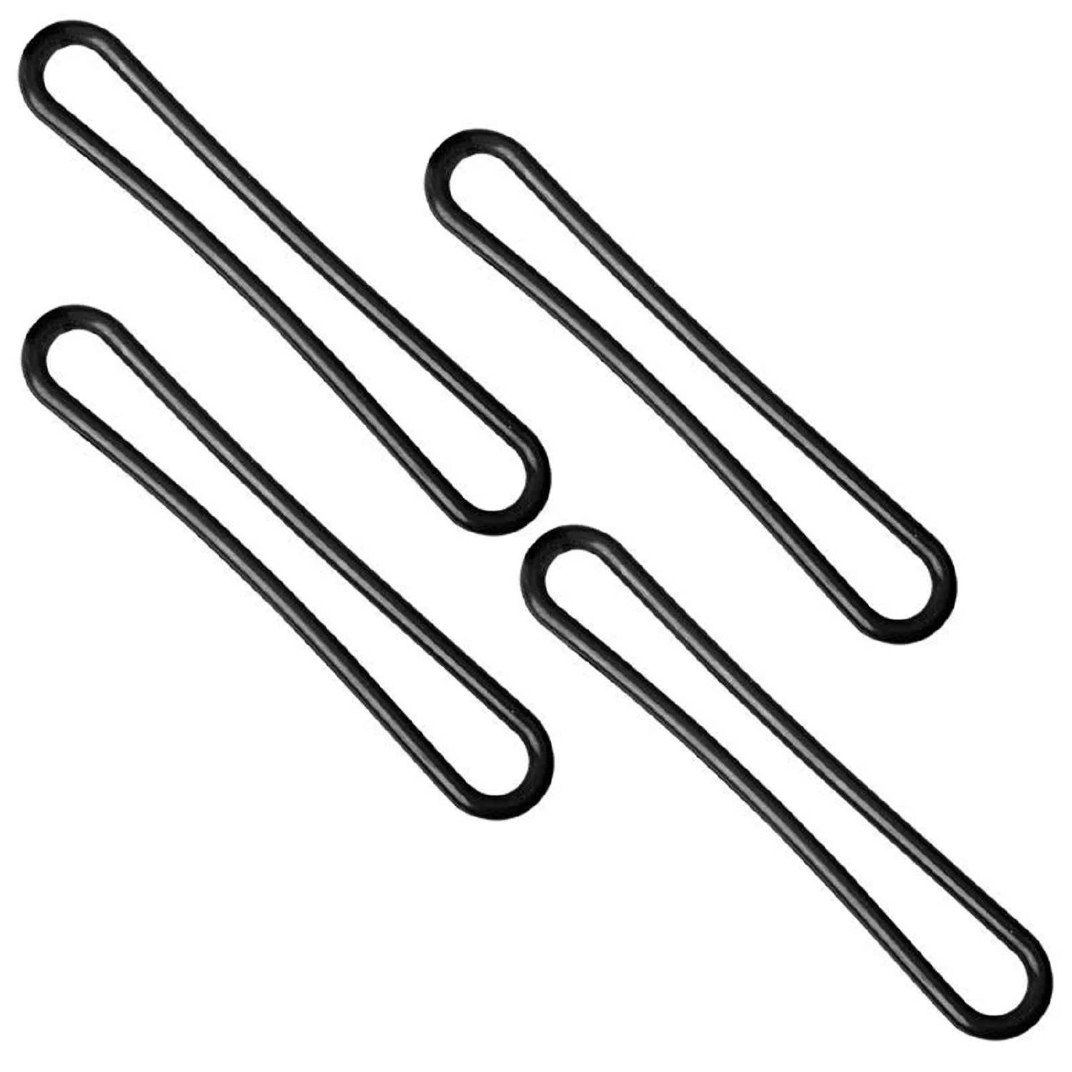 Vier schwarze Gummibänder, die in einem zufälligen Muster auf einem weißen Hintergrund angeordnet sind.