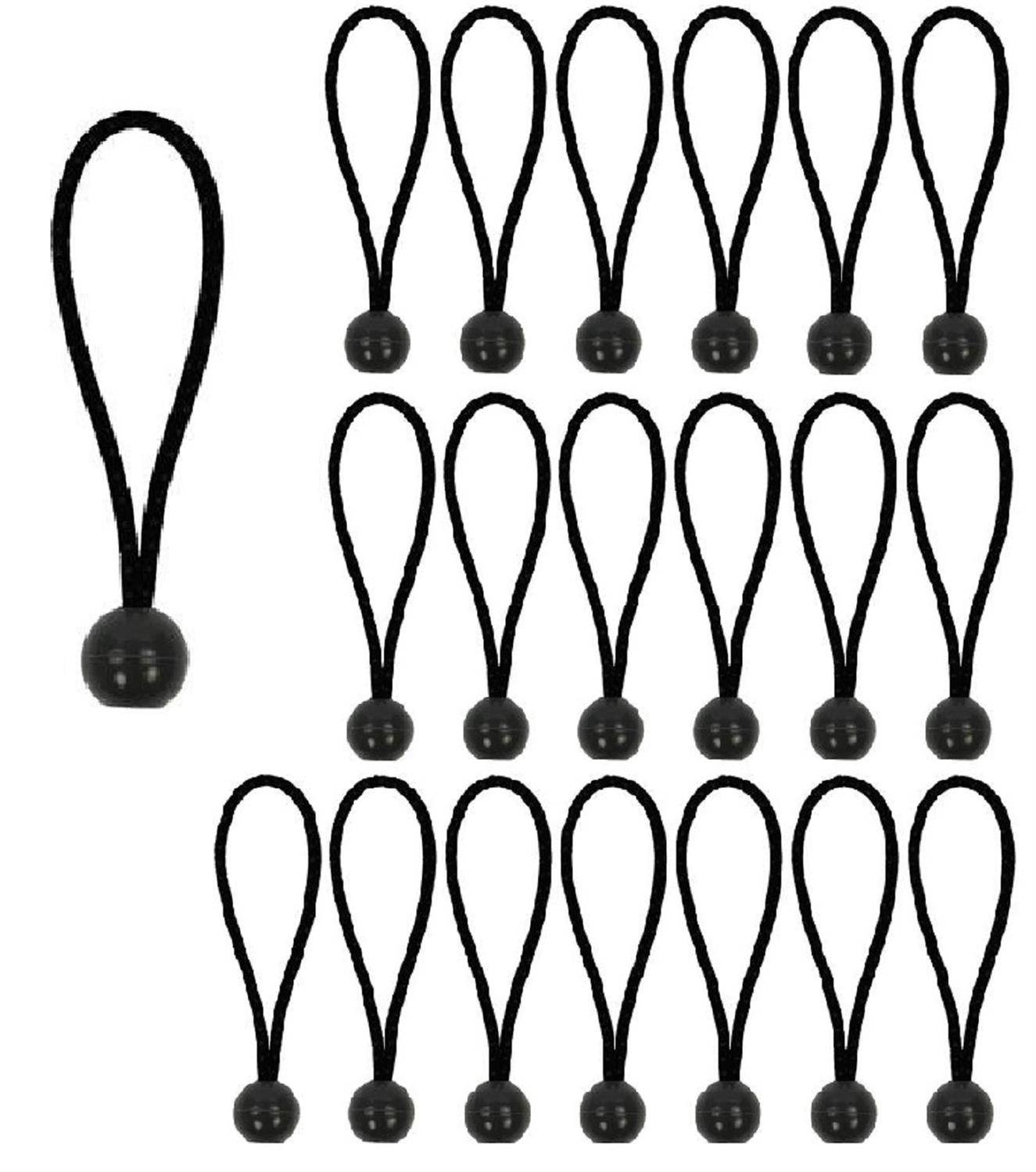 Ein Set von 24 schwarzen elastischen Spanngurten mit Schlaufengrriffen und Kunststoffkugelenden, in Reihen angeordnet, zum Befestigen oder Bündeln von Gegenständen.