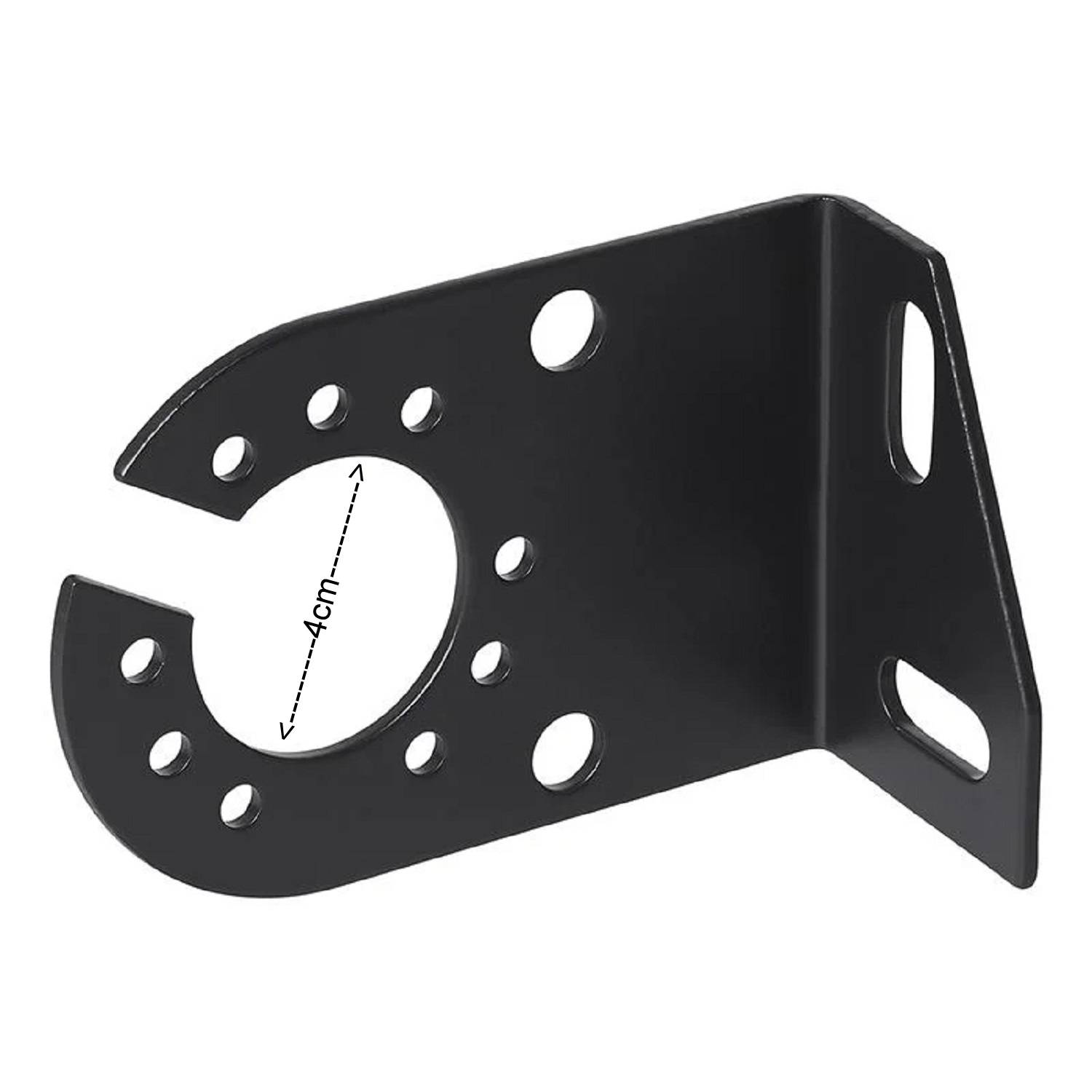 Schwarzer Metallhalter mit mehreren Löchern, gekrümmter Kante und einem zentral beschrifteten Kreis '4 cm', konzipiert für strukturelle Unterstützung.