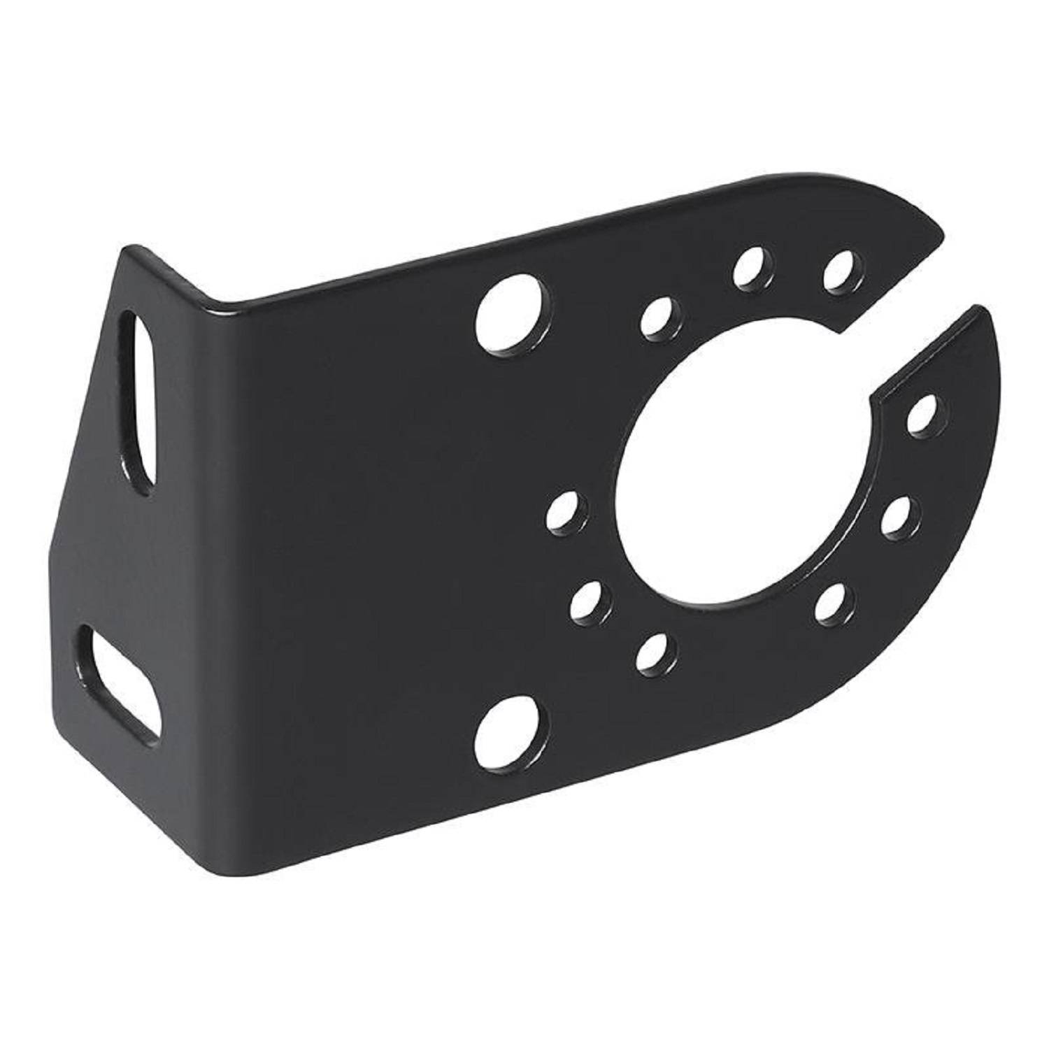 Ein schwarzer Metallhalter mit mehreren kreisförmigen Löchern, verwendet zum Befestigen oder Stützen von Komponenten in mechanischen oder Bauanwendungen.