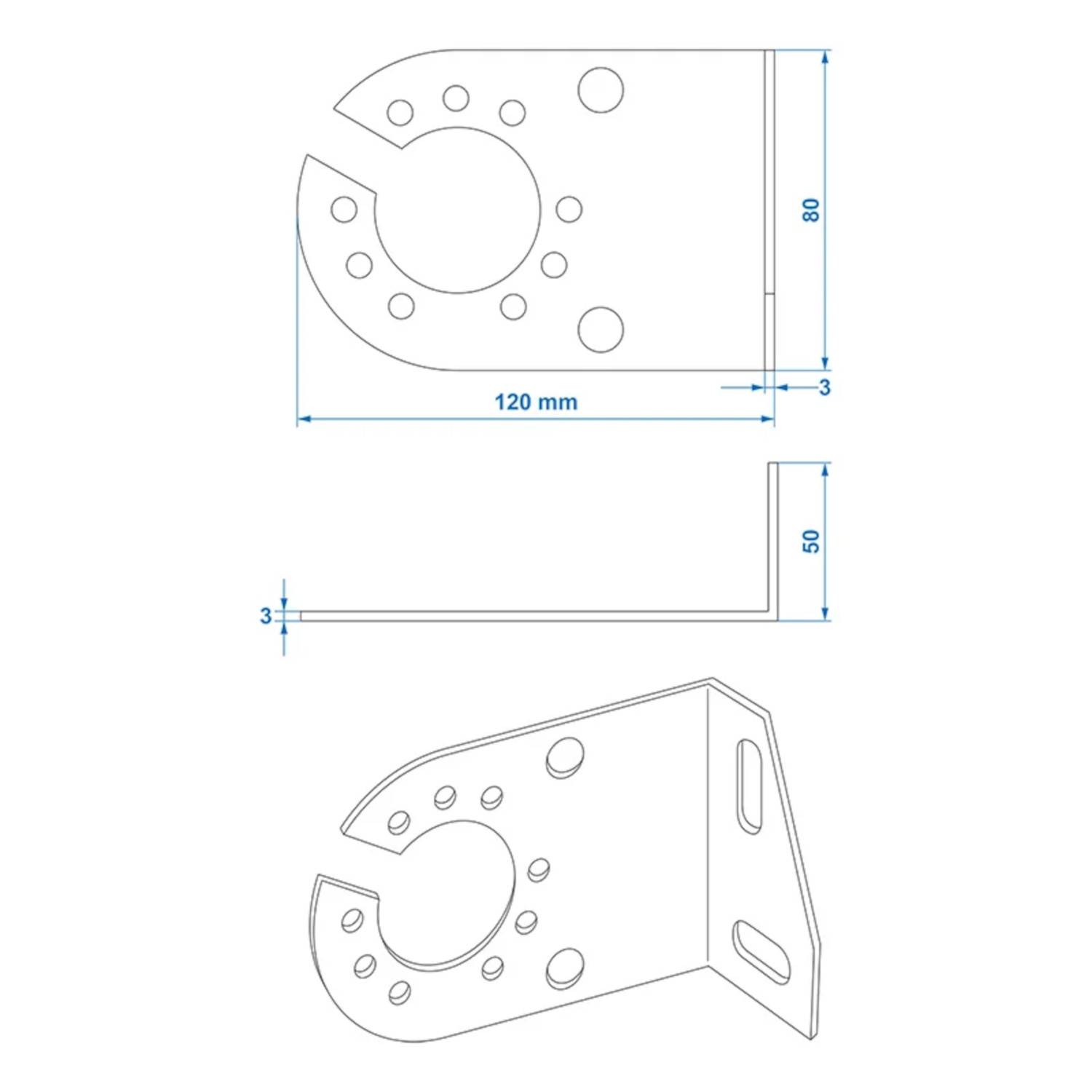 Technische Zeichnung einer Metallhalterung mit mehreren Löchern. Draufsicht zeigt Länge und Lochpositionen; Seitenansicht zeigt Höhe und Biegewinkel.