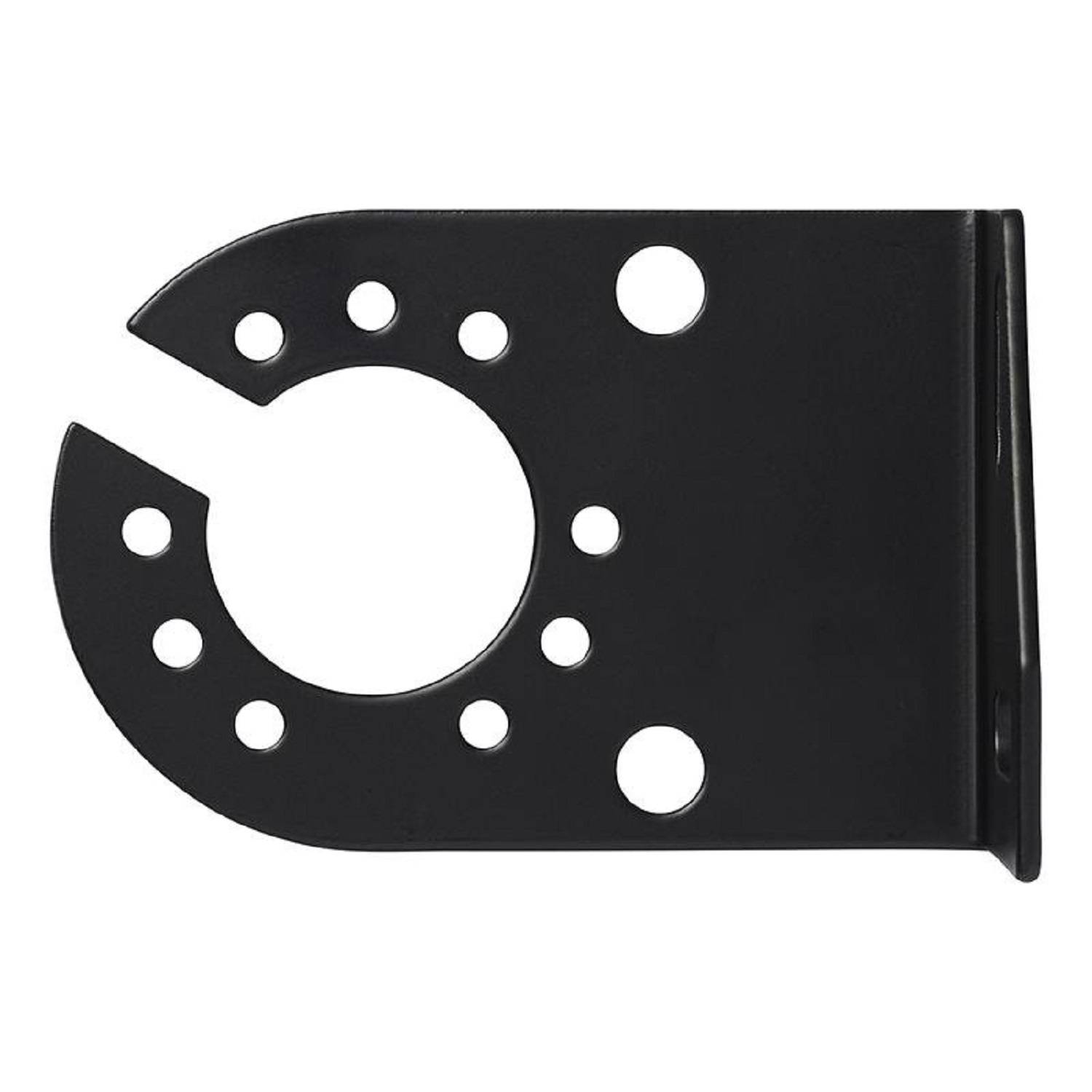 Eine schwarze Metallhalterung mit mehreren kreisförmigen Löchern in verschiedenen Größen, die zum Montieren oder Abstützen von Objekten konzipiert ist.