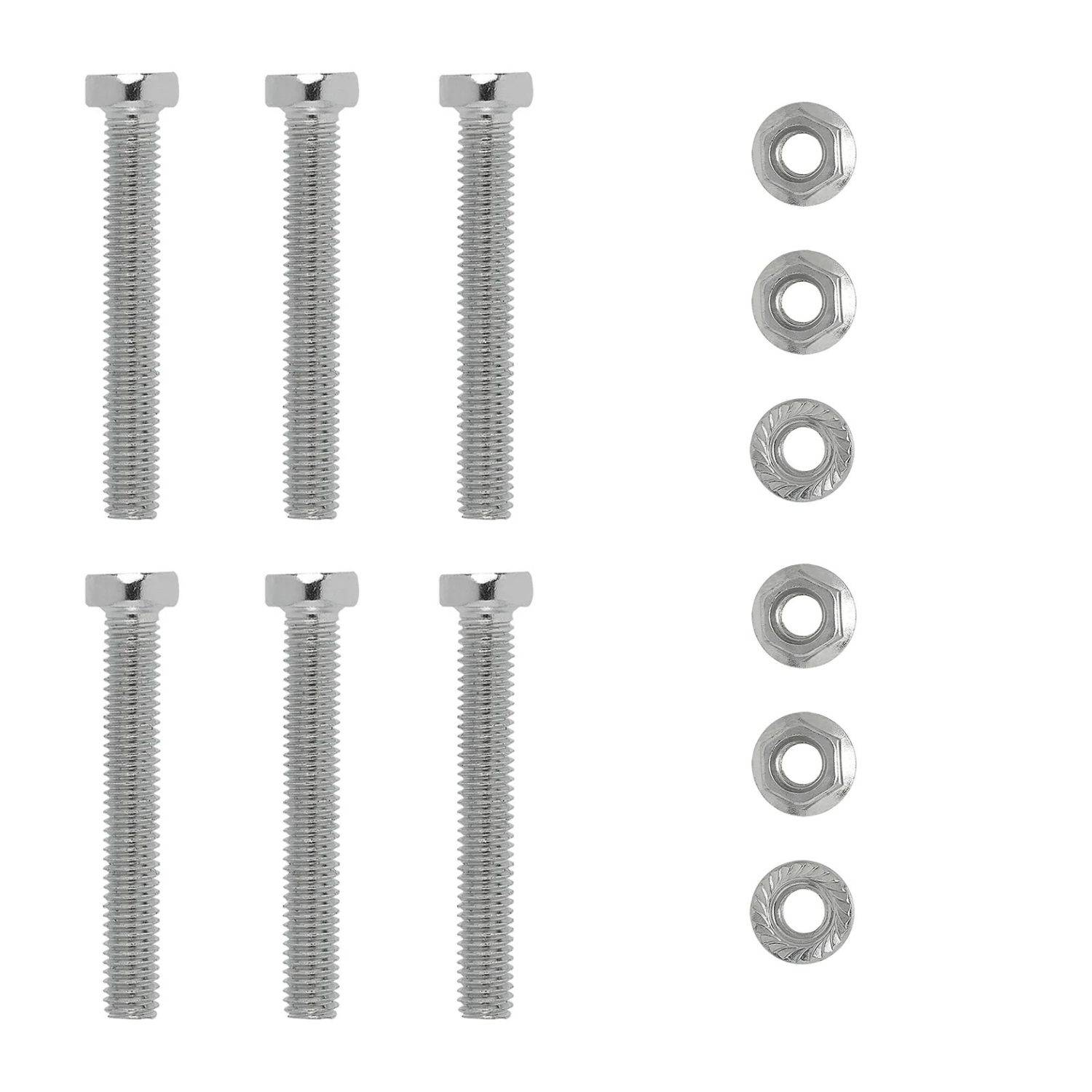 Sechs Metallschrauben und sechs passende Muttern, in zwei Spalten auf weißem Hintergrund angeordnet.