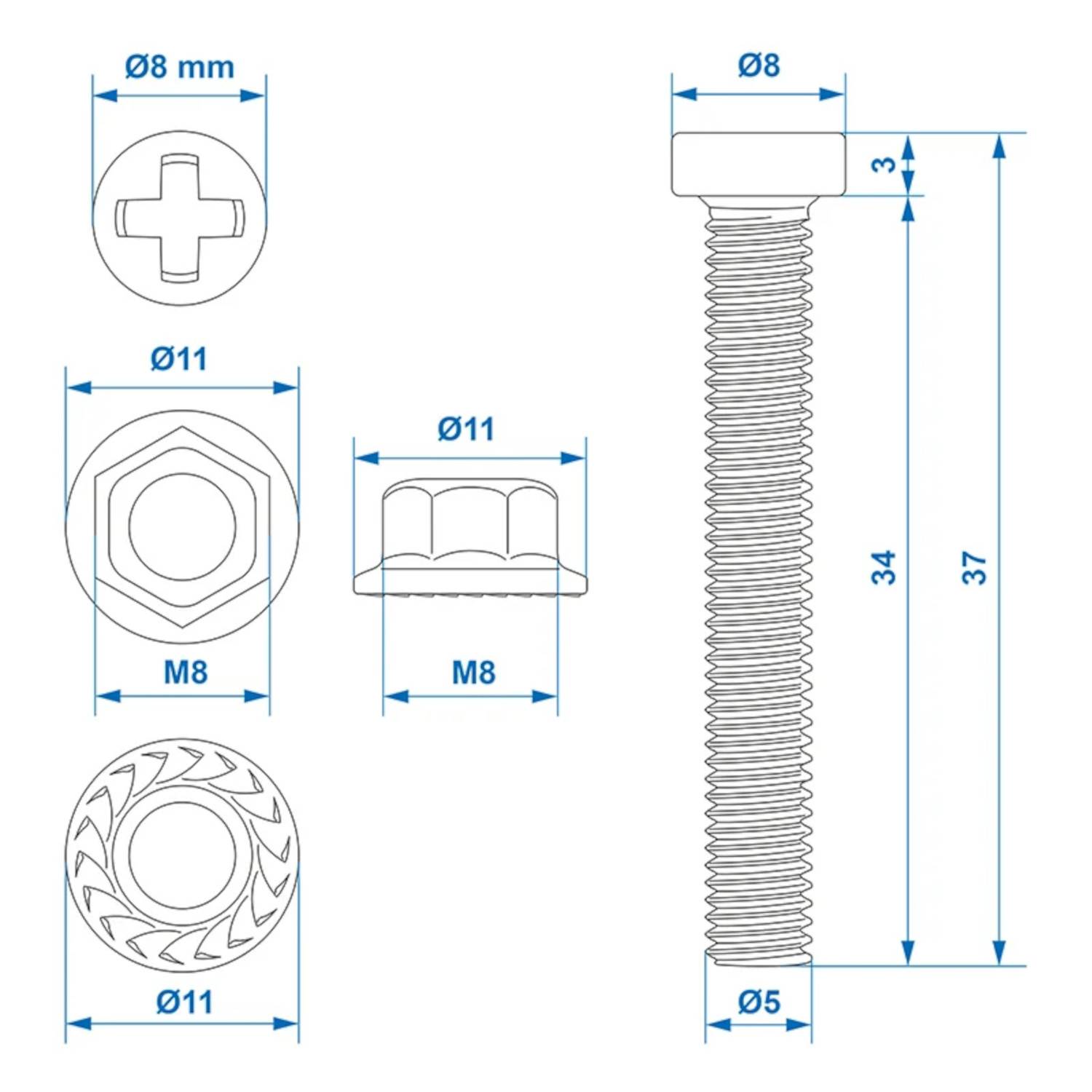 Technische Zeichnung einer Schraube mit Kreuz-, Sechskant- und Rändelkopf. Abmessungen umfassen 37 mm Länge, 8 mm Durchmesser und 11 mm Sechskantbreite.